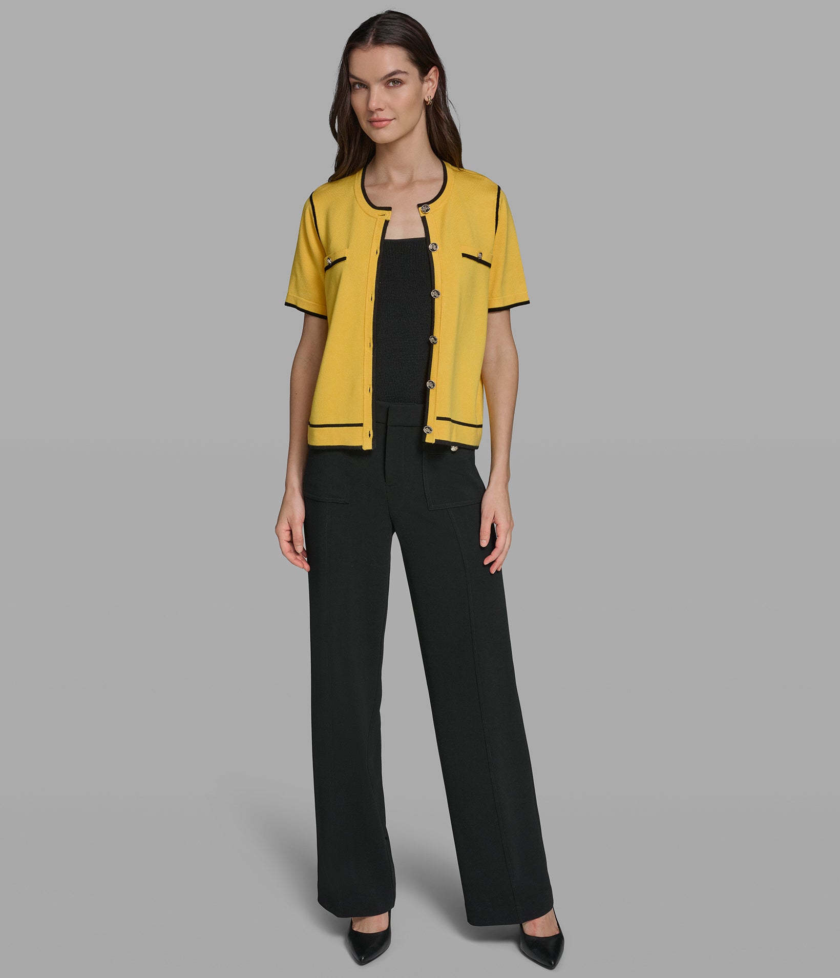 SHORT SLEEVE CARDIGAN WITH CONTRAST TRIM View 1 | Women's Tops & Sweaters SHORT SLEEVE CARDIGAN WITH CONTRAST TRIM View 1 | Women's Tops & Sweaters