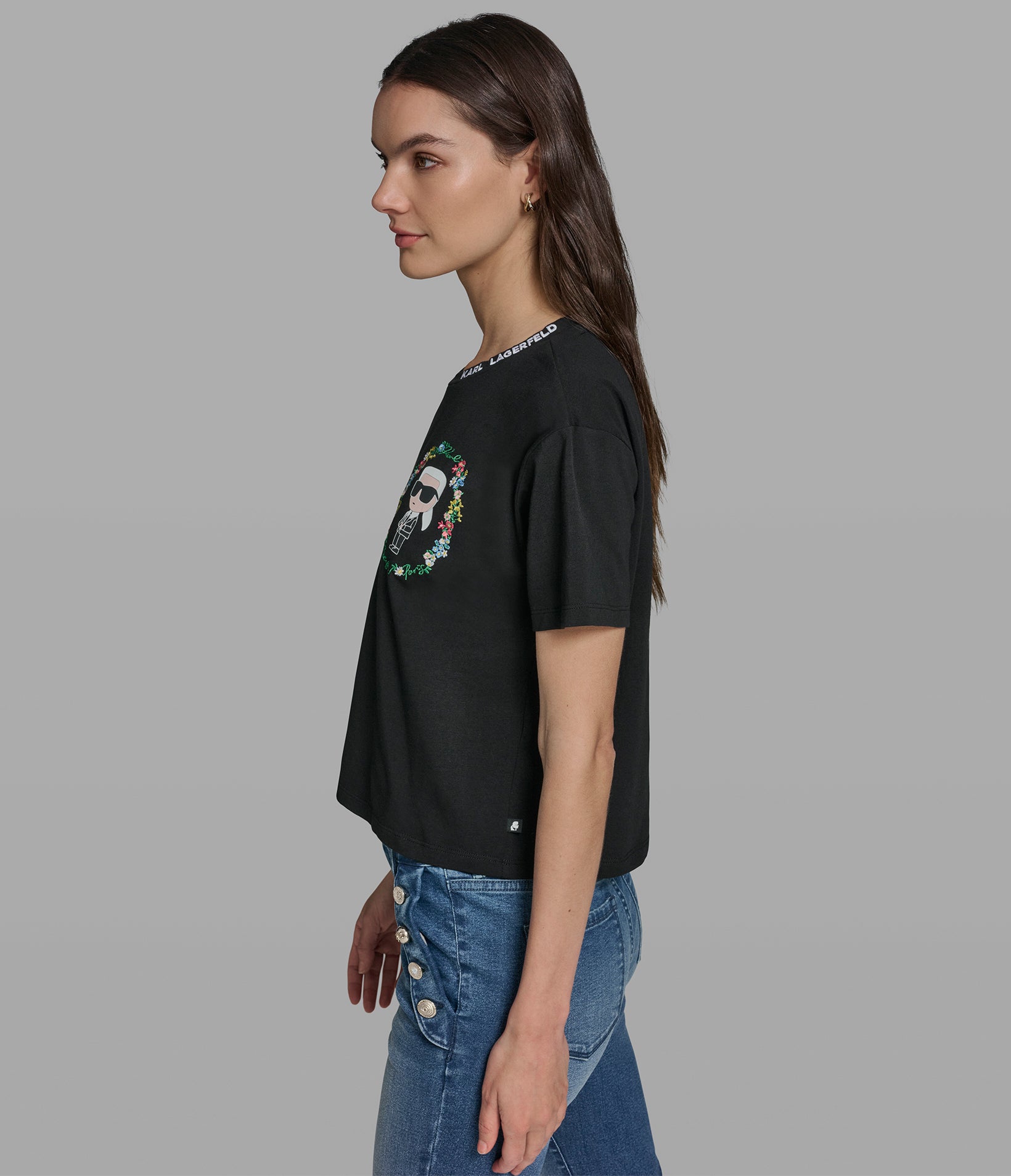 Cropped Cotton Jersey Karl Floral Tee | Karl Lagerfeld Paris