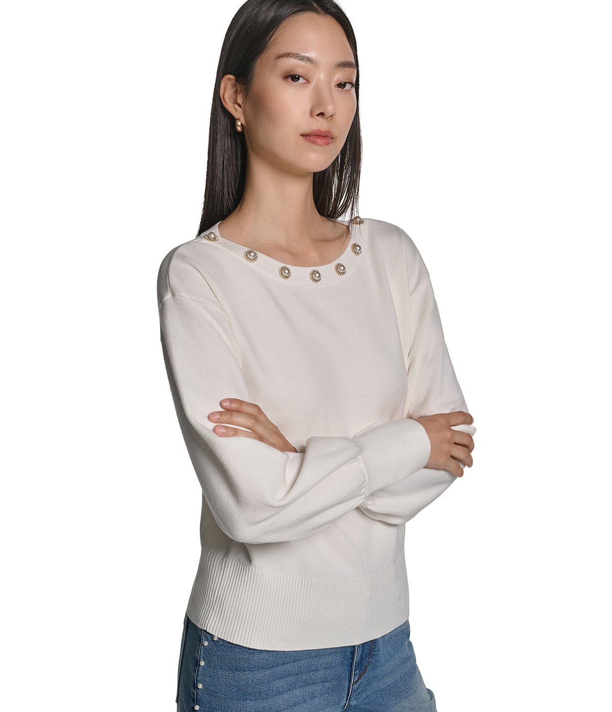 LONG SLEEVE PEARL NECK SWEATER VIEW 1 LONG SLEEVE PEARL NECK SWEATER VIEW 1