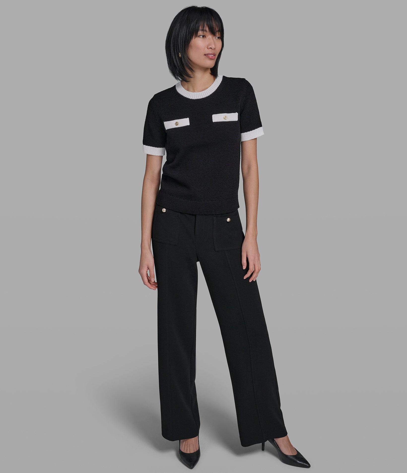 SHORT SLEEVE SWEATER WITH CONTRAST TRIM VIEW 4 | Sweater Shop SHORT SLEEVE SWEATER WITH CONTRAST TRIM VIEW 4 | Sweater Shop