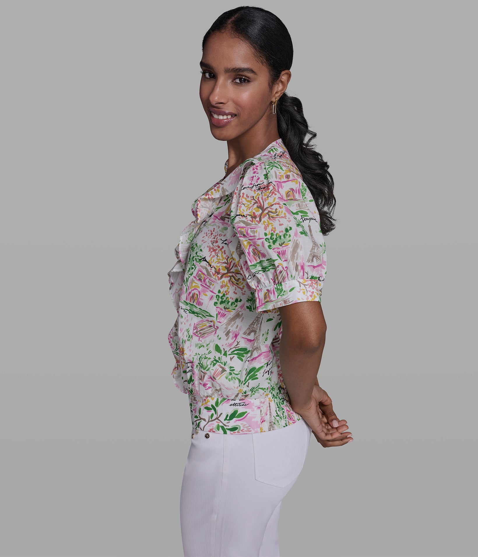 FLORAL PRINT RUFFLE FRONT BLOUSE VIEW 3 | Women's Spring Collection FLORAL PRINT RUFFLE FRONT BLOUSE VIEW 3 | Women's Spring Collection
