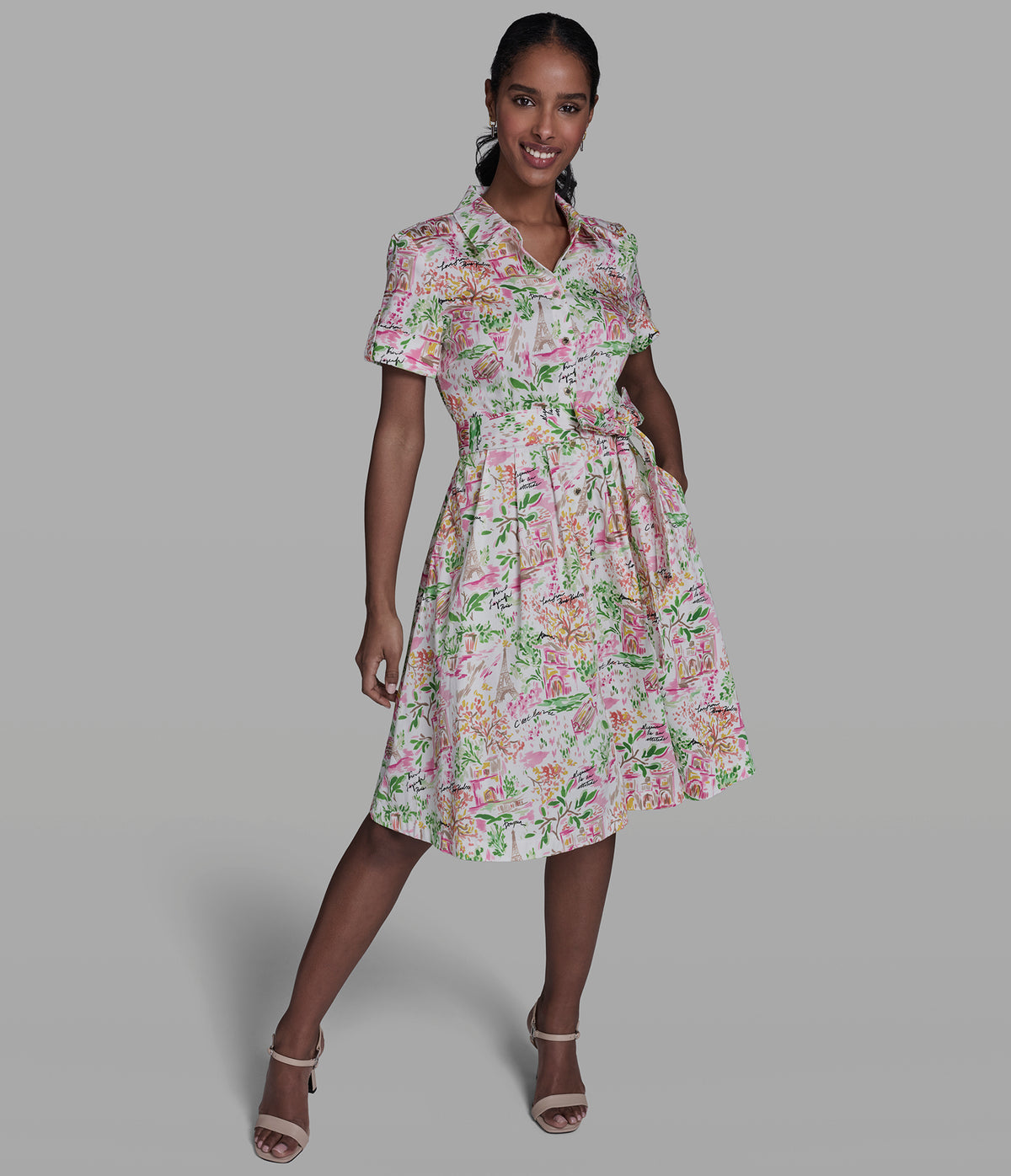 Women's Stretch-Cotton Printed Pleated Midi Shirt Dress | Soft White/Pink Carnation