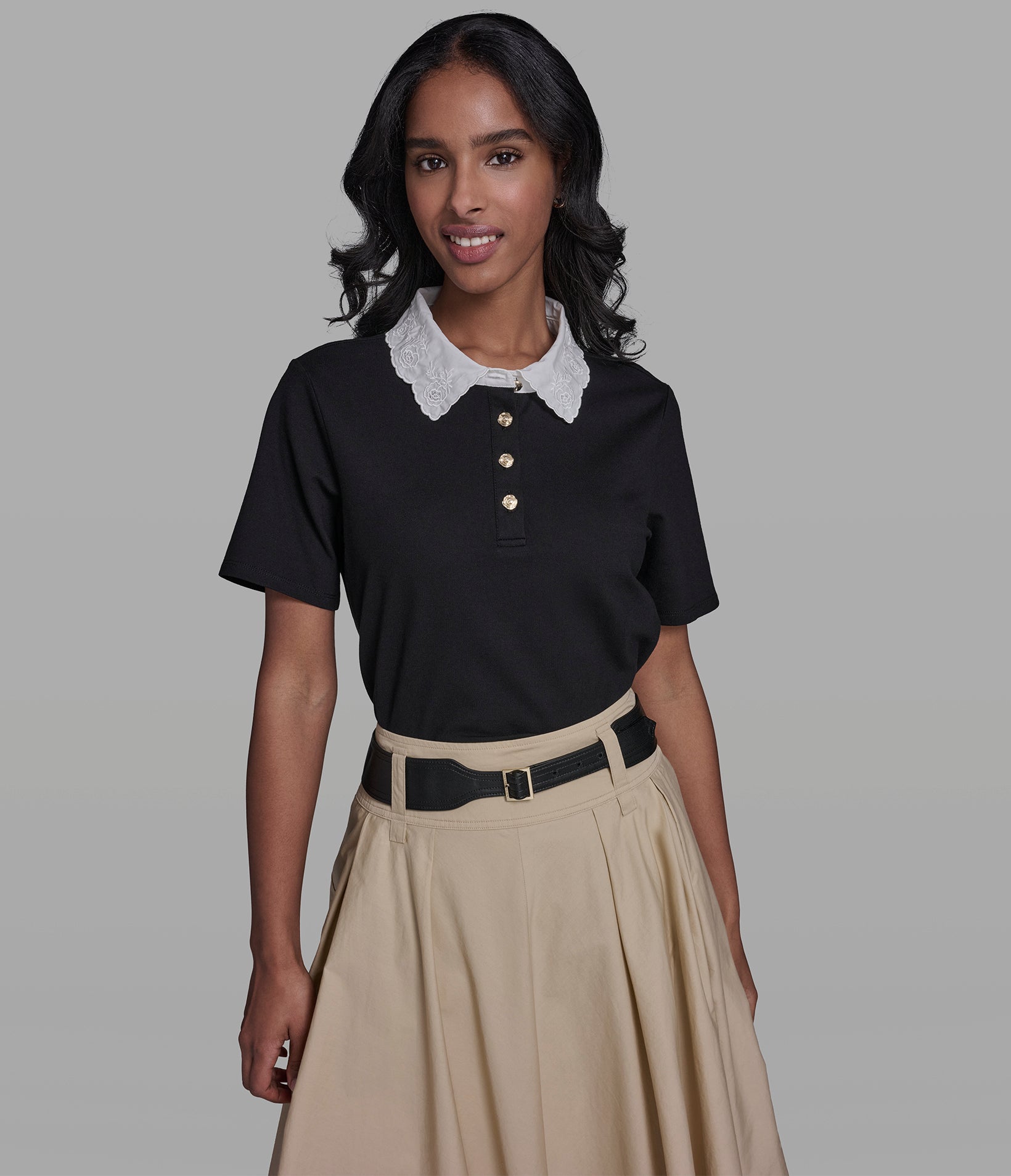 JERSEY FLORAL COLLAR POLO TOP View 1 | Women's Tops & Sweaters JERSEY FLORAL COLLAR POLO TOP View 1 | Women's Tops & Sweaters