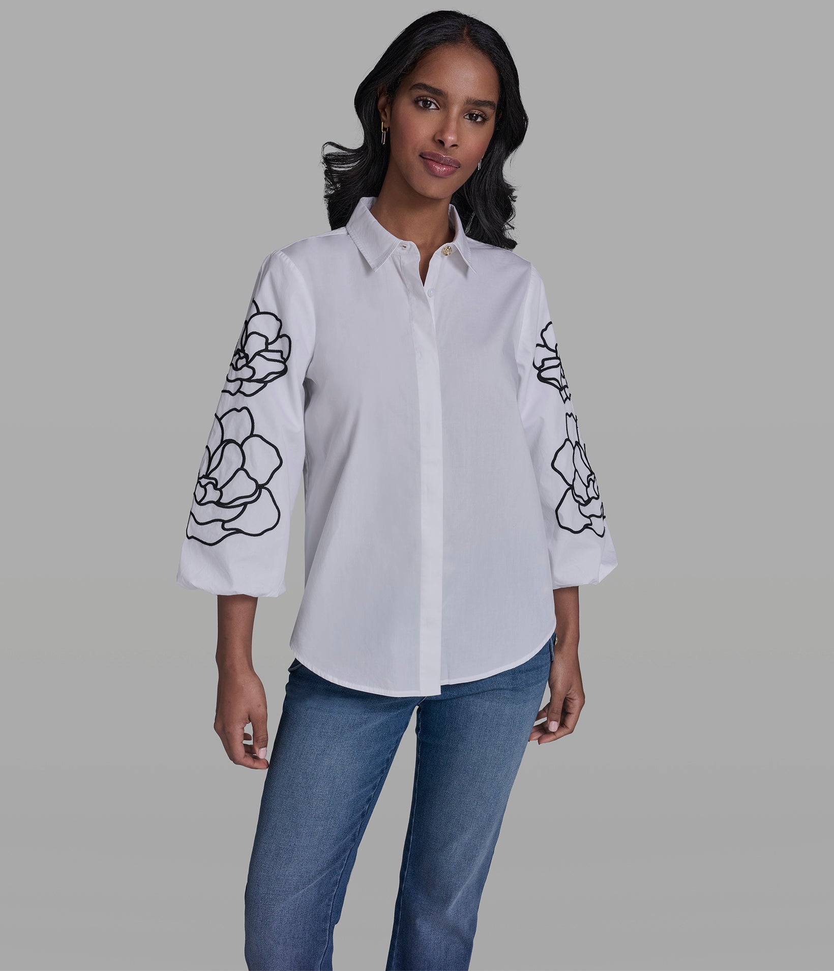 FLORAL EMBROIDERED SLEEVE SHIRT View 1 | Women's Clothing FLORAL EMBROIDERED SLEEVE SHIRT View 1 | Women's Clothing