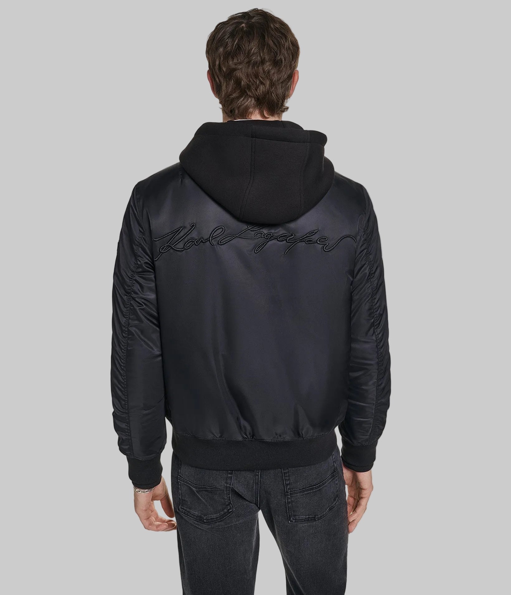 NYLON BOMBER WITH SIGNATURE ON BACK WITH HOOD VIEW 2 NYLON BOMBER WITH SIGNATURE ON BACK WITH HOOD VIEW 2