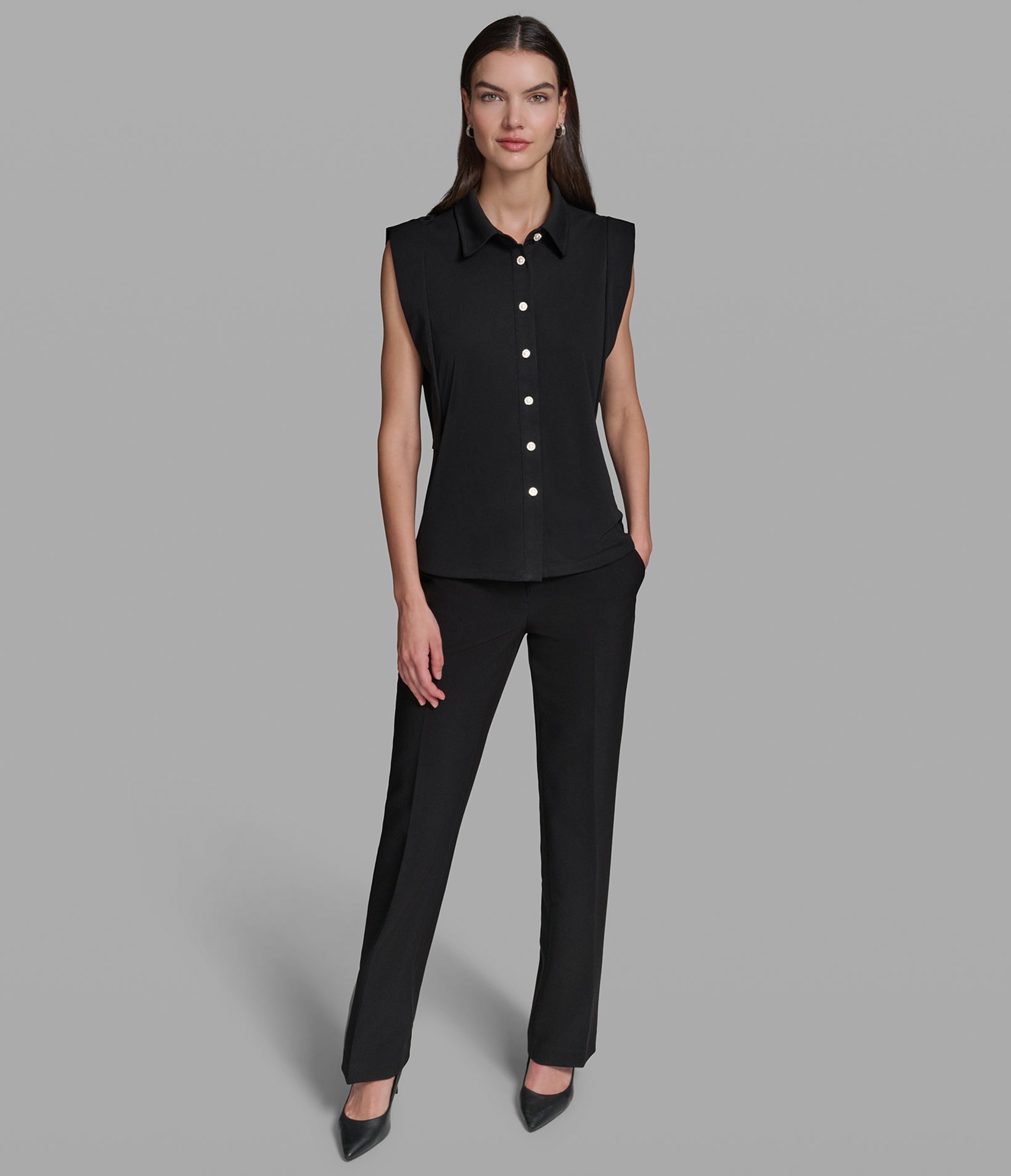 SLEEVELESS COLLARED SHIRT WITH PEARL BUTTONS VIEW 4 | Holiday Sale SLEEVELESS COLLARED SHIRT WITH PEARL BUTTONS VIEW 4 | Holiday Sale