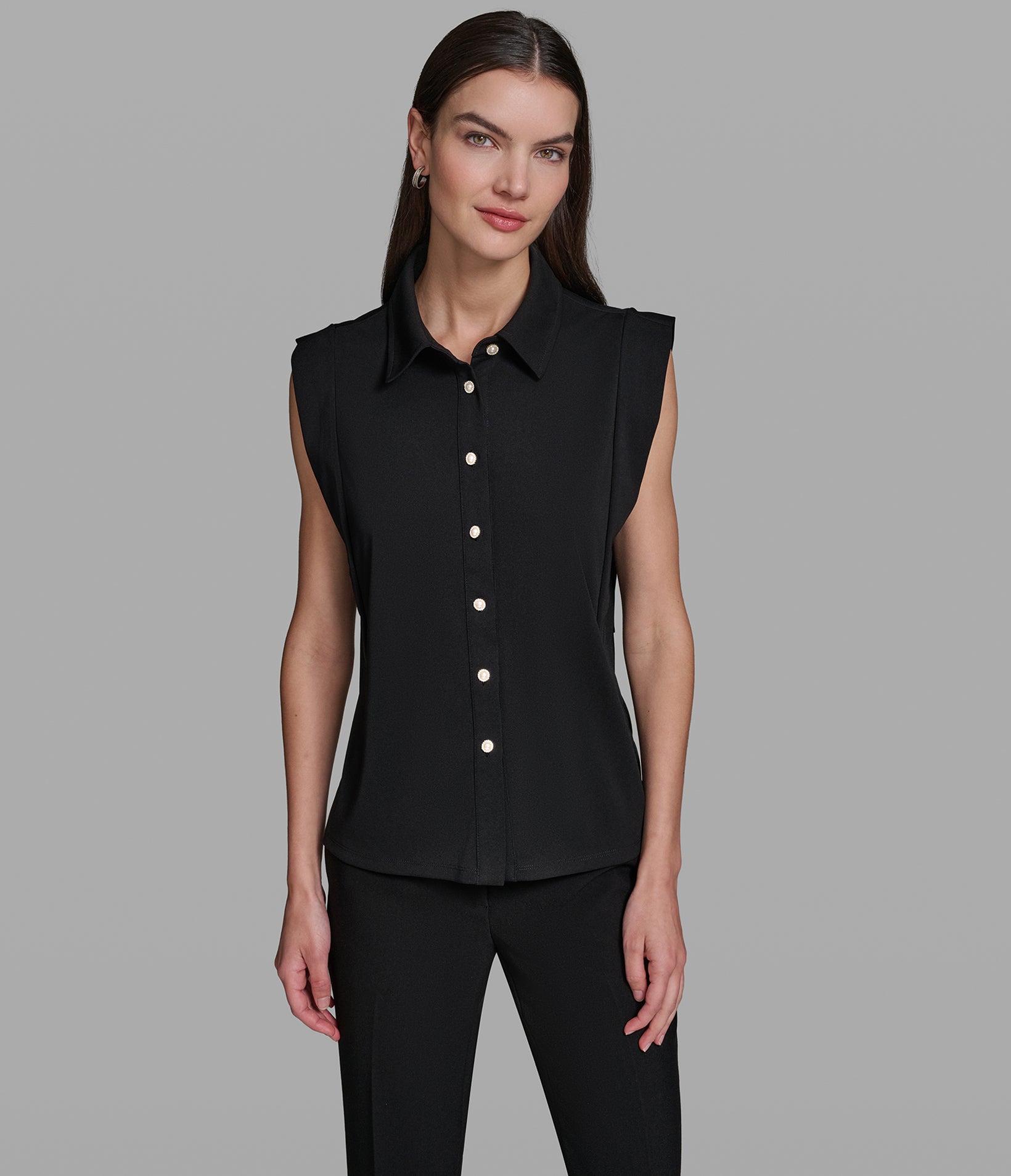SLEEVELESS COLLARED SHIRT WITH PEARL BUTTONS View 1 | Holiday Sale SLEEVELESS COLLARED SHIRT WITH PEARL BUTTONS View 1 | Holiday Sale