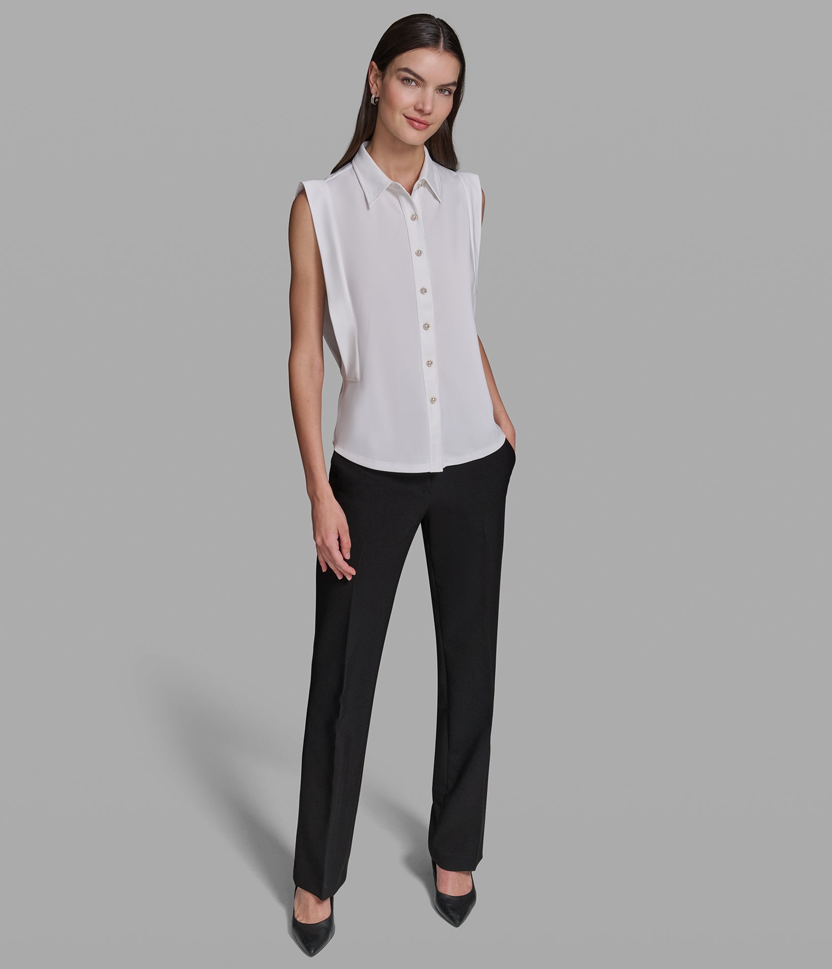 SLEEVELESS COLLARED SHIRT WITH PEARL BUTTONS VIEW 4 | Holiday Sale SLEEVELESS COLLARED SHIRT WITH PEARL BUTTONS VIEW 4 | Holiday Sale