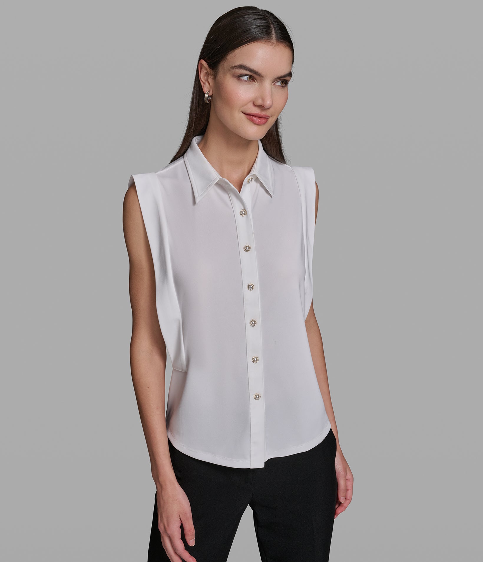 SLEEVELESS COLLARED SHIRT WITH PEARL BUTTONS View 1 | Holiday Sale SLEEVELESS COLLARED SHIRT WITH PEARL BUTTONS View 1 | Holiday Sale