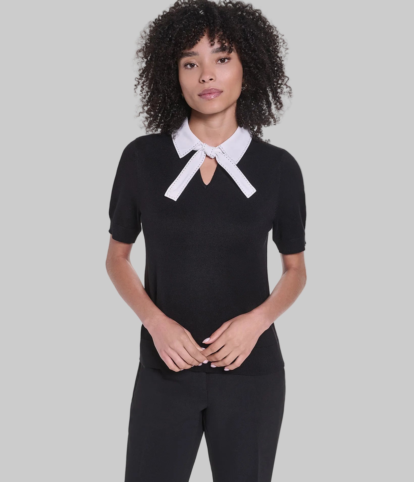 SHORT SLEEVE COLLAR BOW DETAIL SWEATER VIEW 1 SHORT SLEEVE COLLAR BOW DETAIL SWEATER VIEW 1