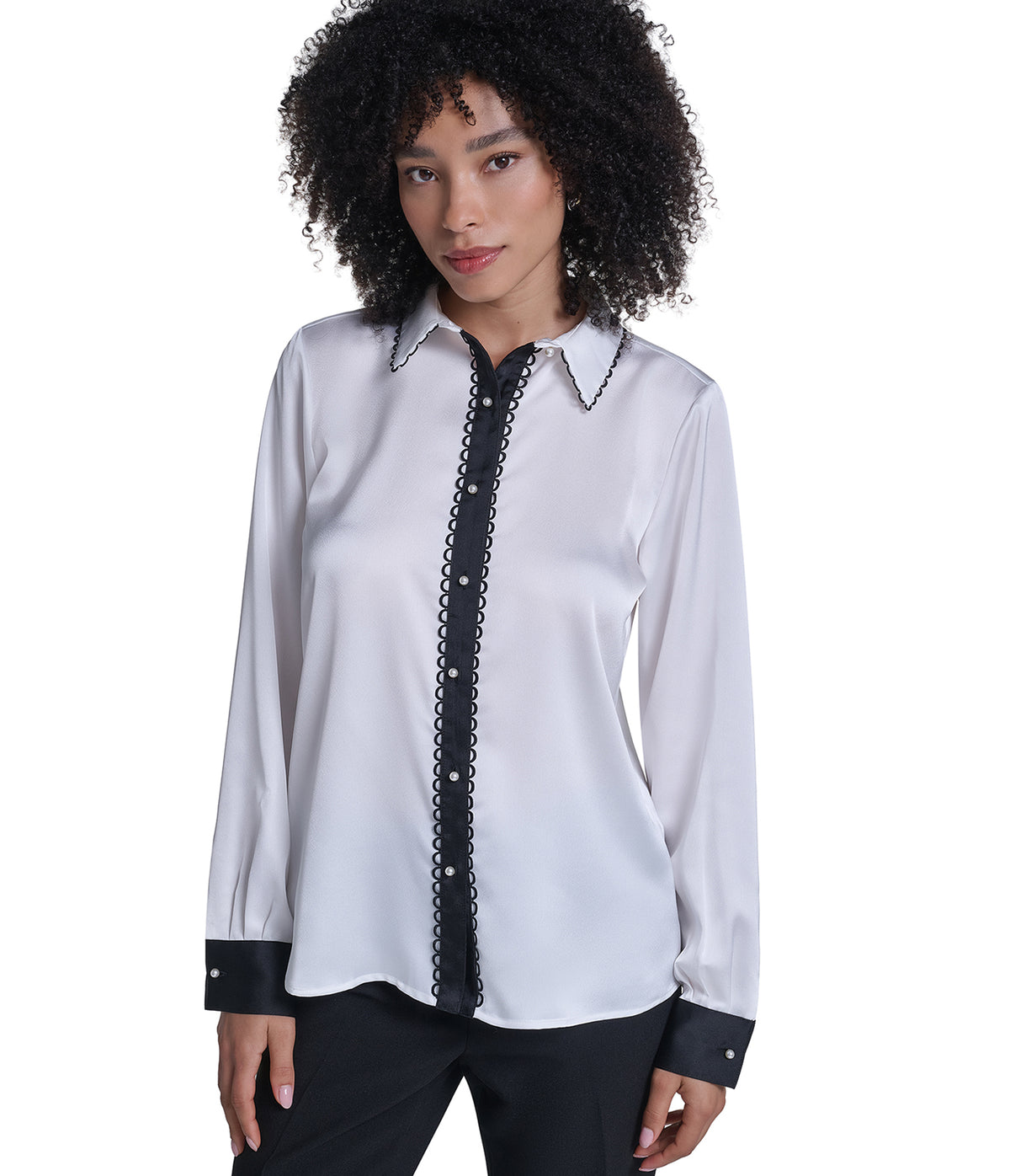 LONG SLEEVE WOVEN TOP WITH EMBOSSED PEARLS VIEW 1 LONG SLEEVE WOVEN TOP WITH EMBOSSED PEARLS VIEW 1