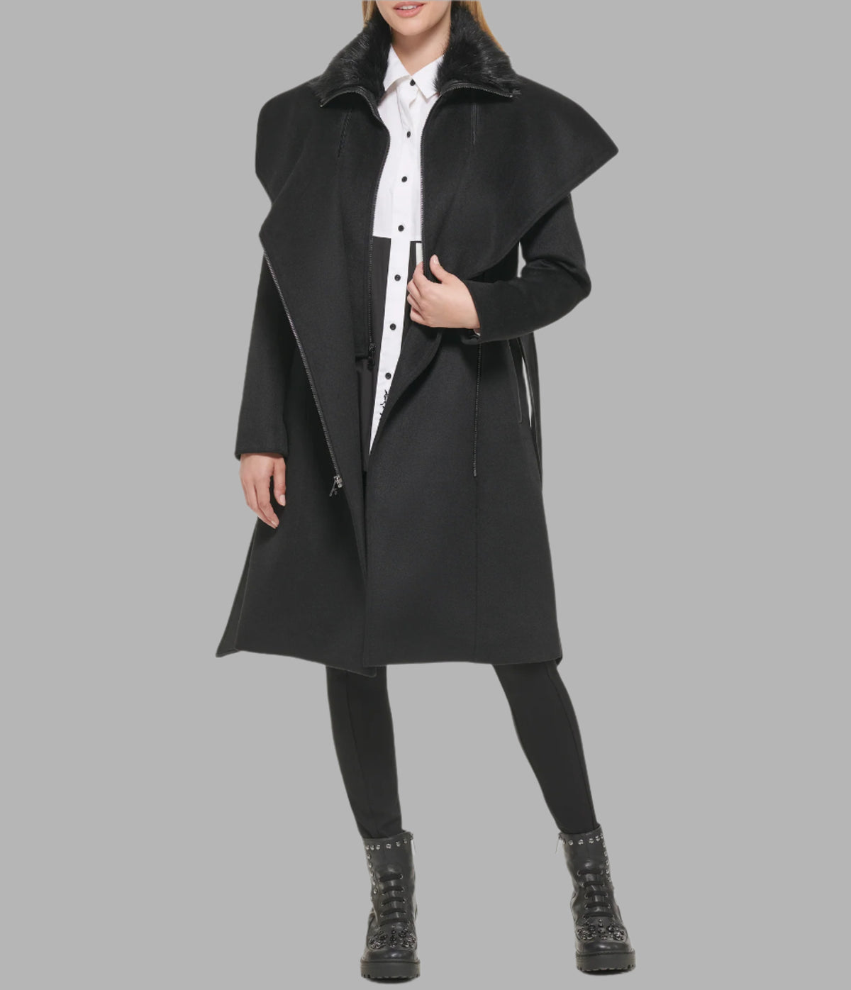 ASYMMETRICAL WOOL COAT WITH SHEARLING BIB | Karl Lagerfeld Paris