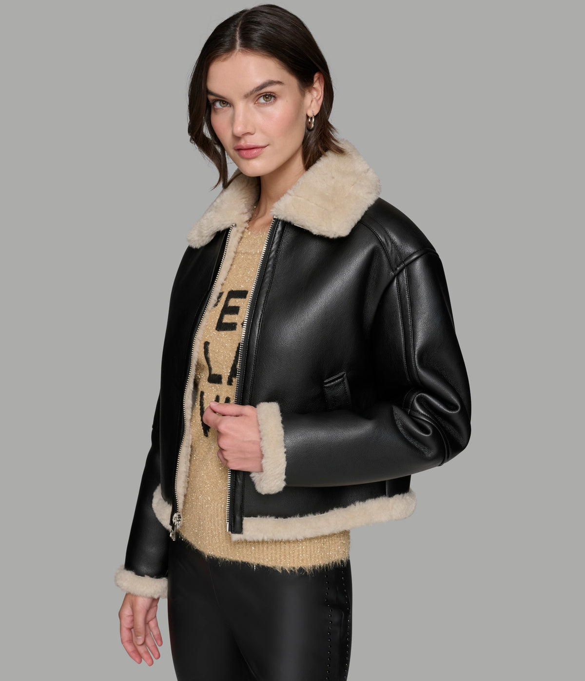Cropped Faux Leather Jacket With Faux Shearling Outerwear Karl