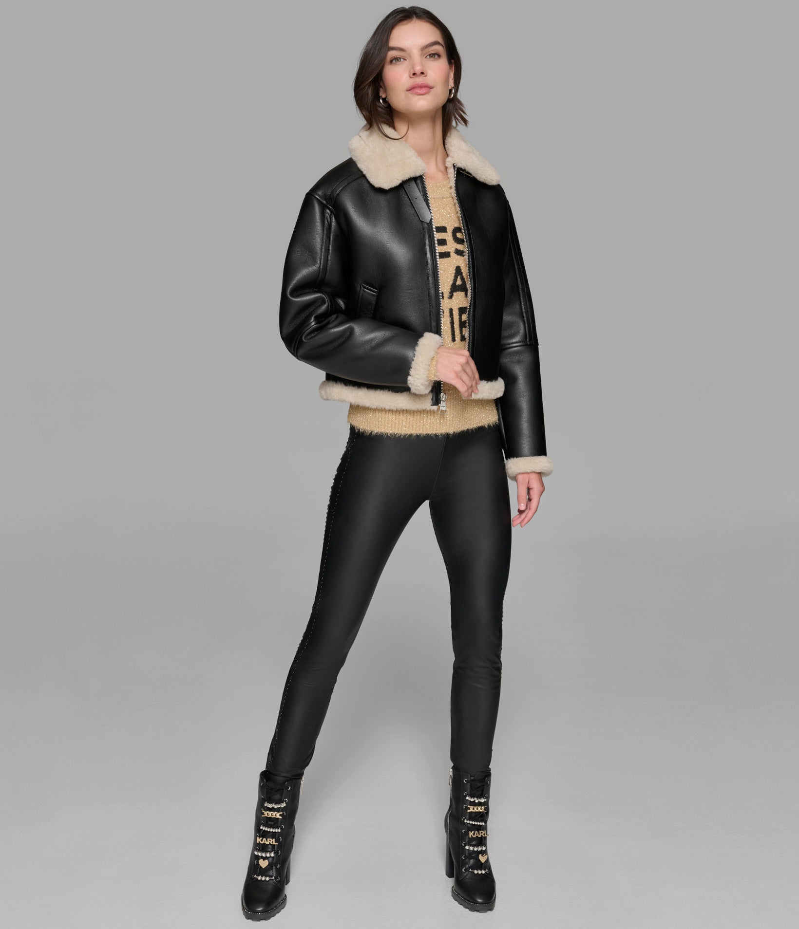 CROPPED FAUX LEATHER JACKET WITH FAUX SHEARLING VIEW 7 | Women's Clothing CROPPED FAUX LEATHER JACKET WITH FAUX SHEARLING VIEW 7 | Women's Clothing