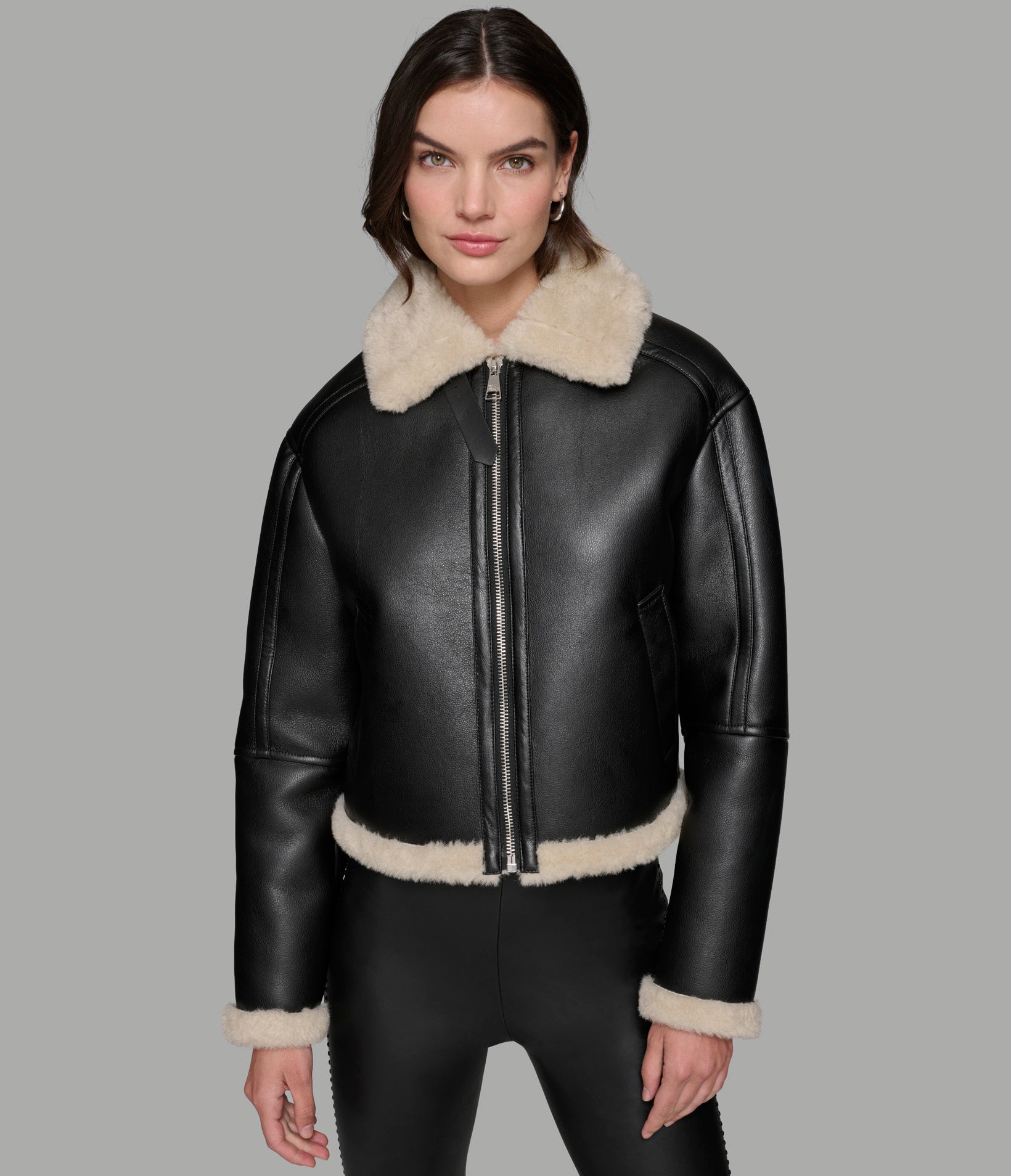 CROPPED FAUX LEATHER JACKET WITH FAUX SHEARLING VIEW 3 | Women's Clothing CROPPED FAUX LEATHER JACKET WITH FAUX SHEARLING VIEW 3 | Women's Clothing