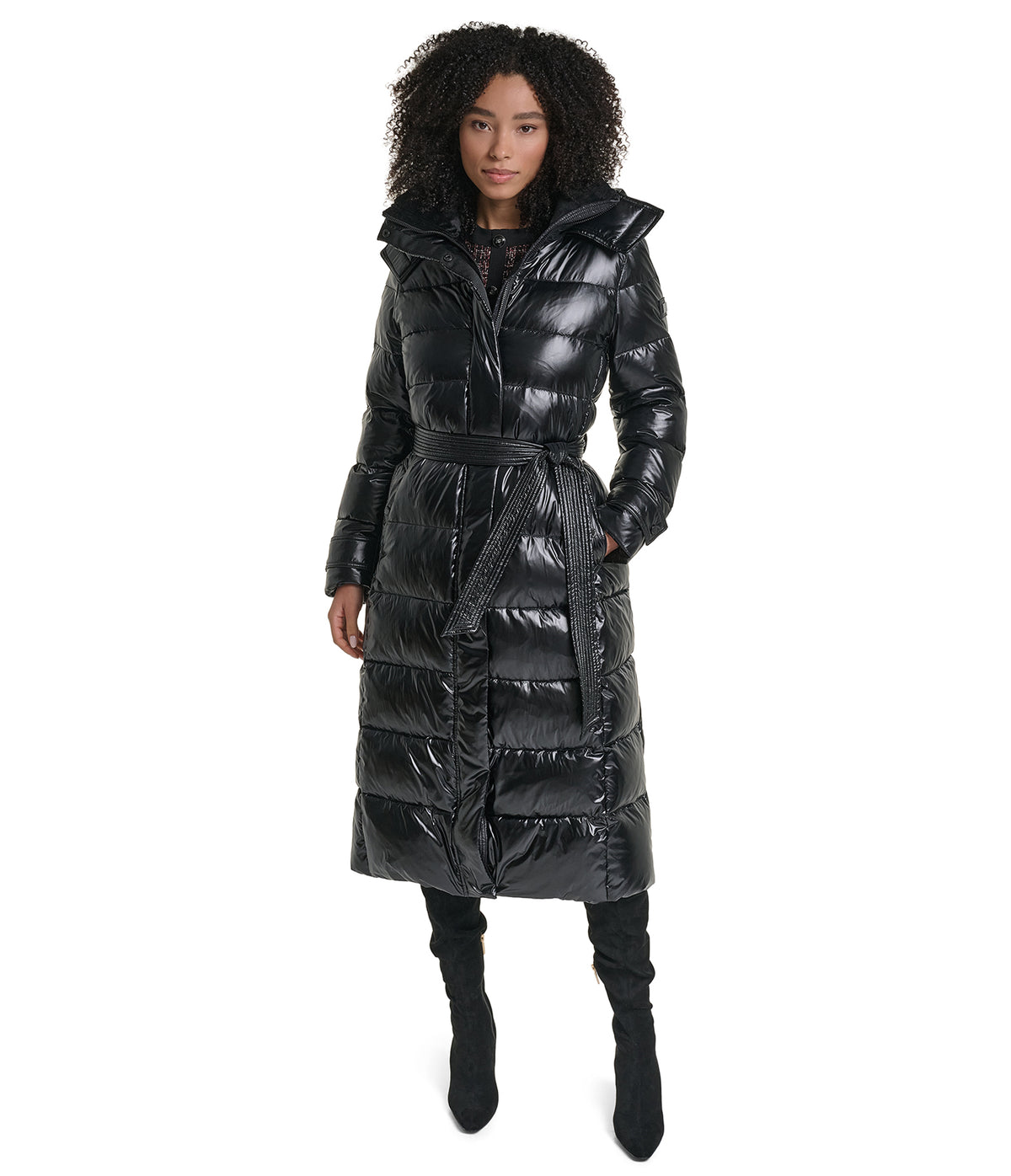 HOODED BELTED HYBRID DOWN PUFFER VIEW 1 HOODED BELTED HYBRID DOWN PUFFER VIEW 1