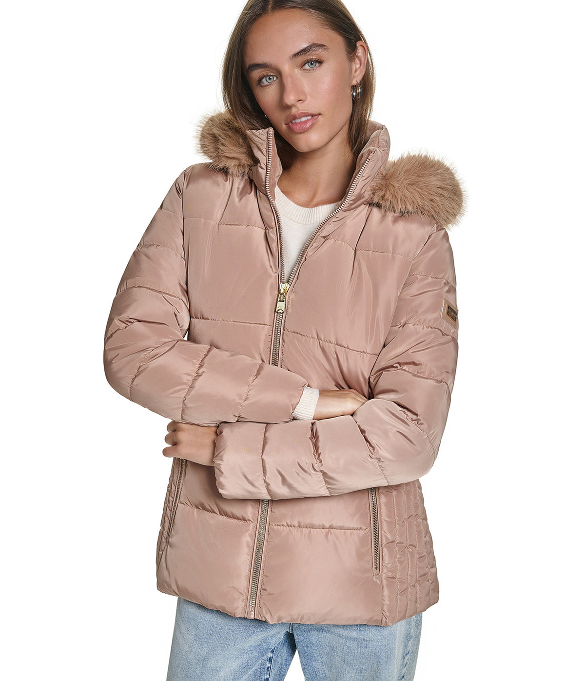 FAUX FUR TRIM HOODED SHORT PUFFER VIEW 1 FAUX FUR TRIM HOODED SHORT PUFFER VIEW 1