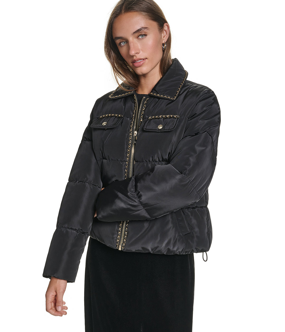 CROPPED CHAIN TRIM PUFFER VIEW 1 CROPPED CHAIN TRIM PUFFER VIEW 1