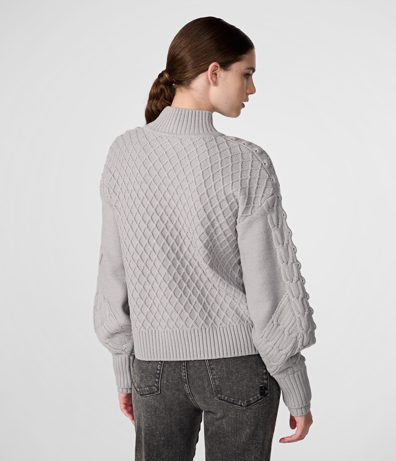 HEATHERED MOCK NECK CABLE SWEATER