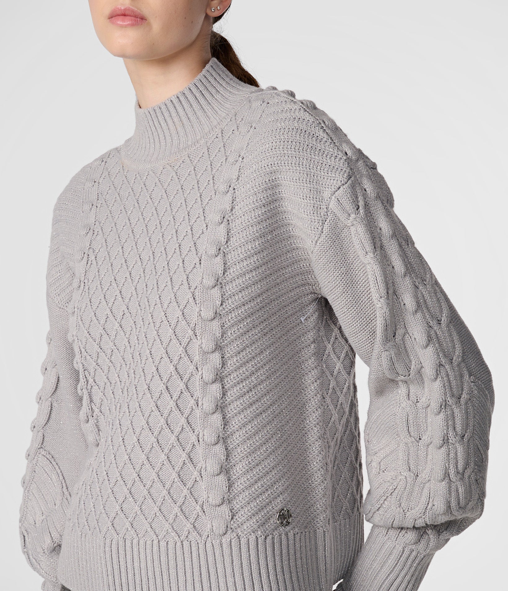 HEATHERED MOCK NECK CABLE SWEATER