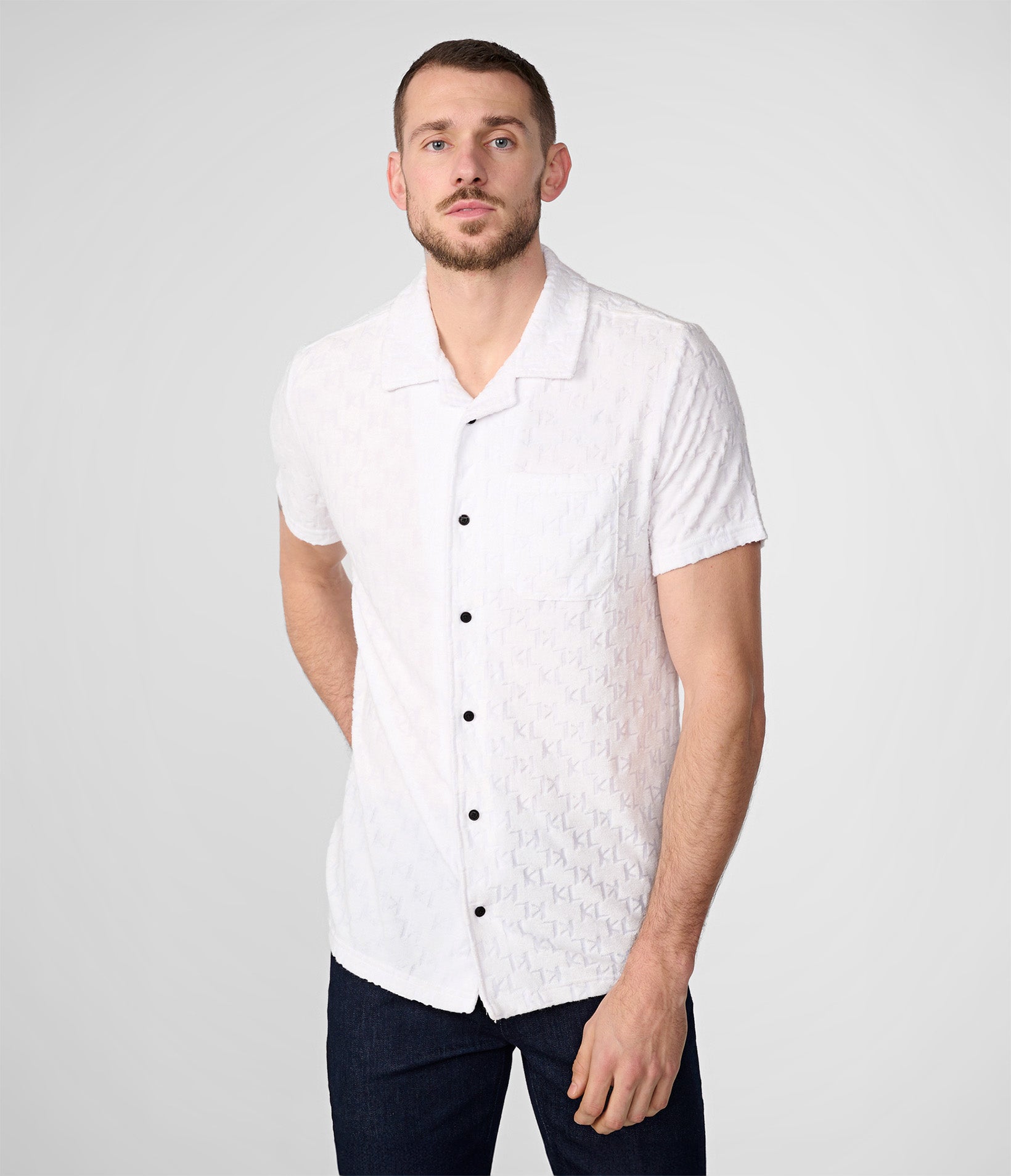 KL FRENCH TERRY SHORT SLEEVE BUTTON DOWN