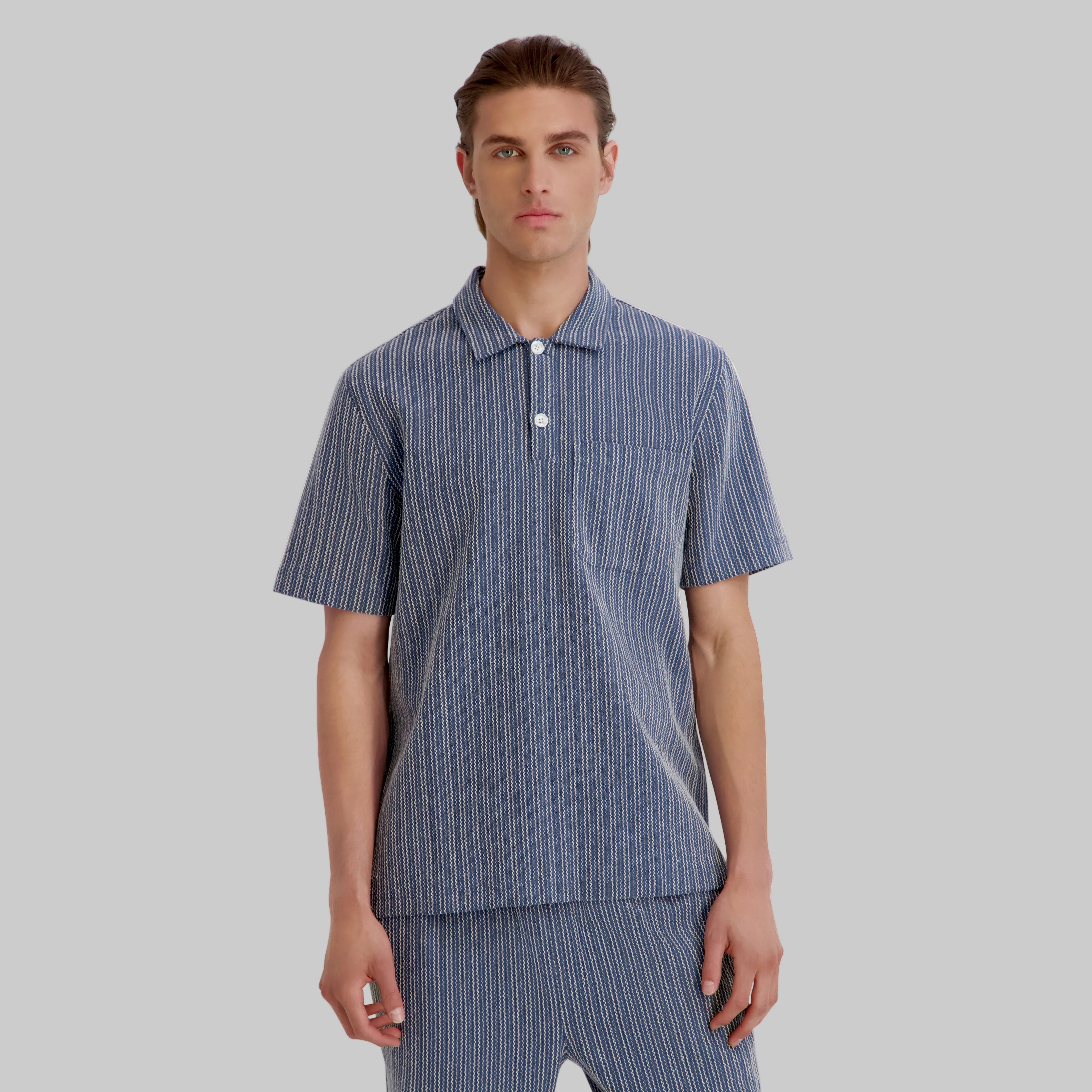 SHORT SLEEVE TEXTURED STRIPE POLO SHIRT VIEW 1 SHORT SLEEVE TEXTURED STRIPE POLO SHIRT VIEW 1