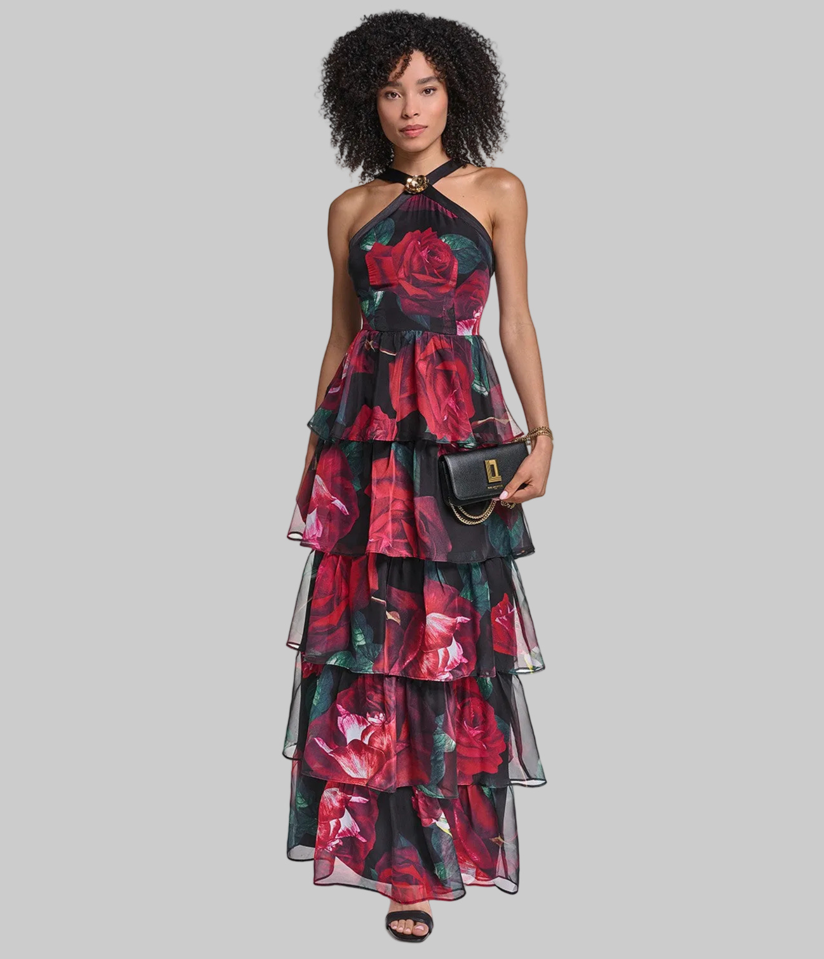 HALTER NECK TIERED PRINTED CHIFFON GOWN View 1 | Online Exclusive HALTER NECK TIERED PRINTED CHIFFON GOWN View 1 | Online Exclusive