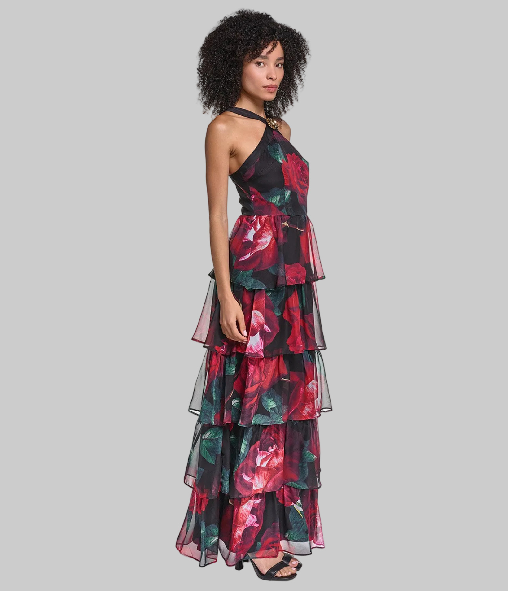 HALTER NECK TIERED PRINTED CHIFFON GOWN VIEW 3 | Online Exclusive HALTER NECK TIERED PRINTED CHIFFON GOWN VIEW 3 | Online Exclusive