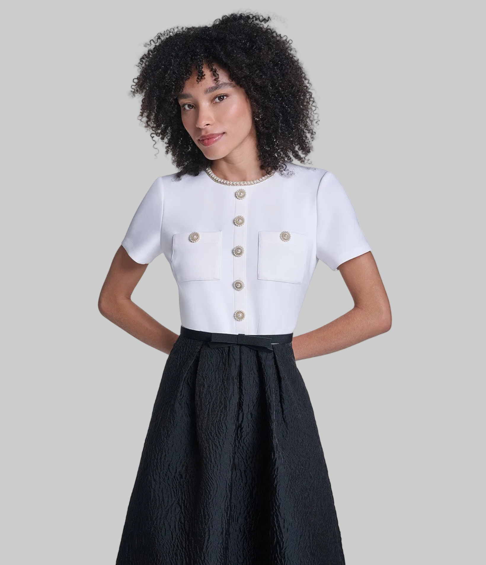 SHORT SLEEVE CREPE GOWN WITH CLOQUE SKIRT View 1 | Products SHORT SLEEVE CREPE GOWN WITH CLOQUE SKIRT View 1 | Products
