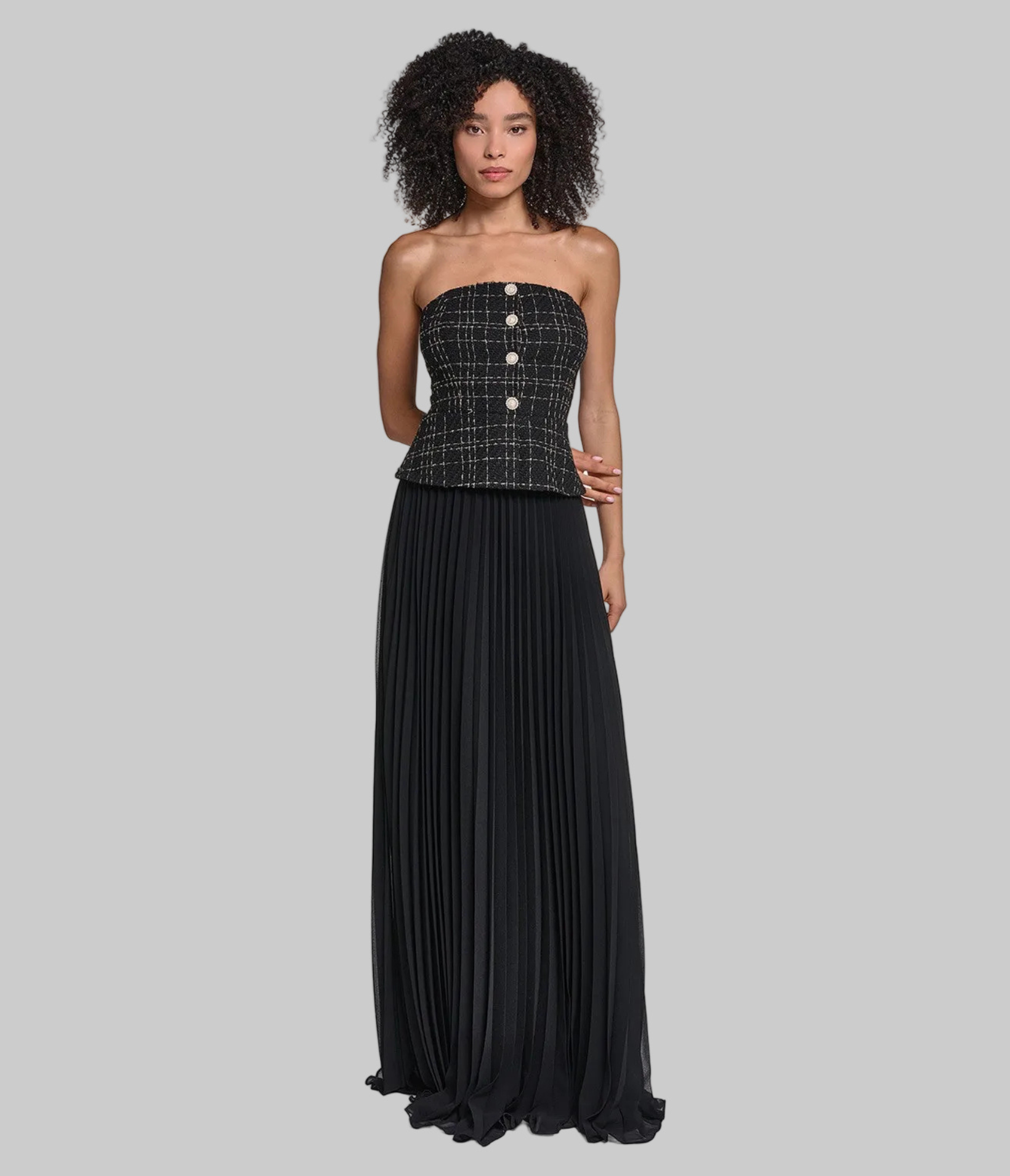 STRAPLESS TWEED GOWN WITH SUNBURST PLEATED CHIFFON VIEW 6 STRAPLESS TWEED GOWN WITH SUNBURST PLEATED CHIFFON VIEW 6