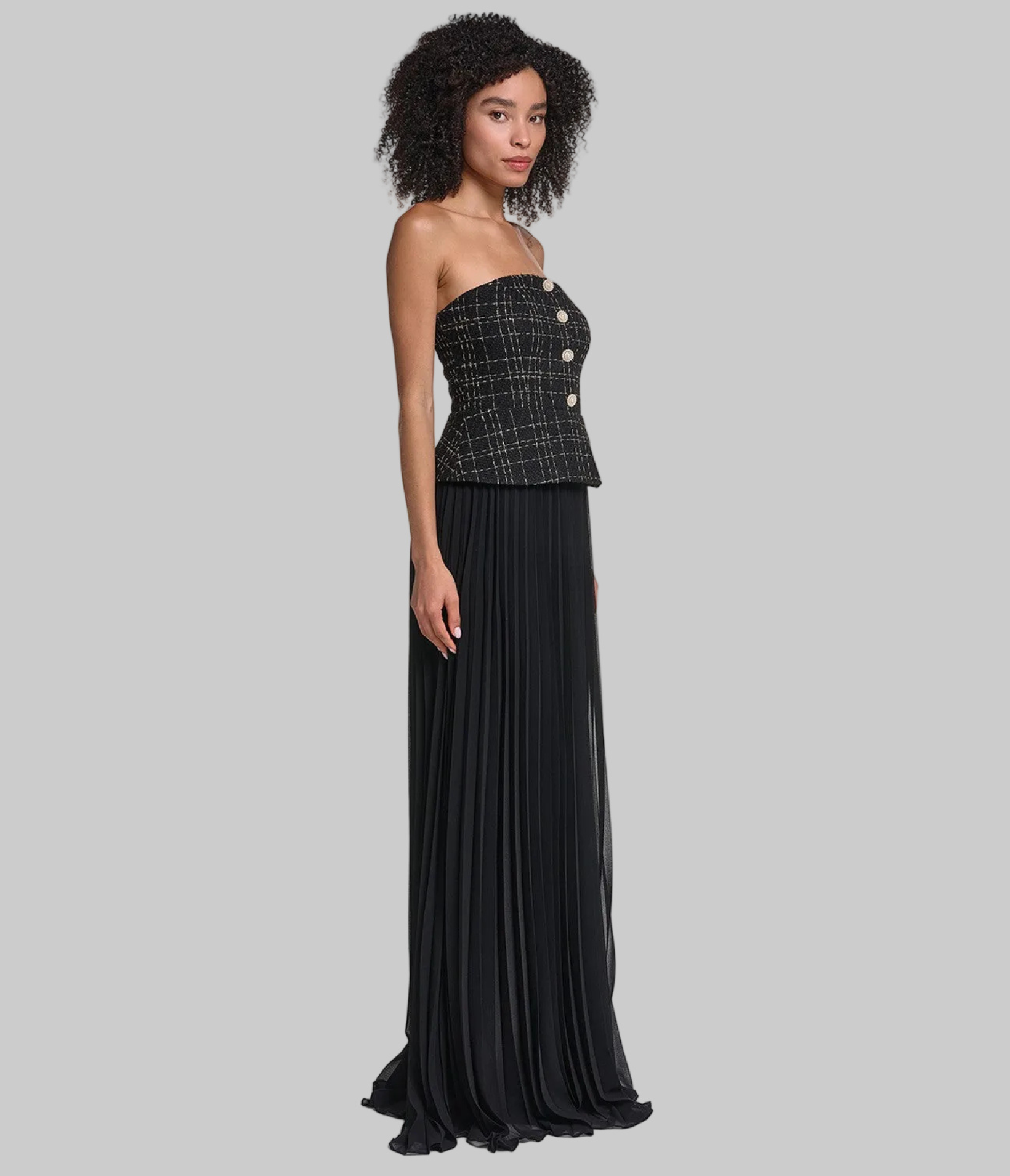 STRAPLESS TWEED GOWN WITH SUNBURST PLEATED CHIFFON VIEW 4 STRAPLESS TWEED GOWN WITH SUNBURST PLEATED CHIFFON VIEW 4