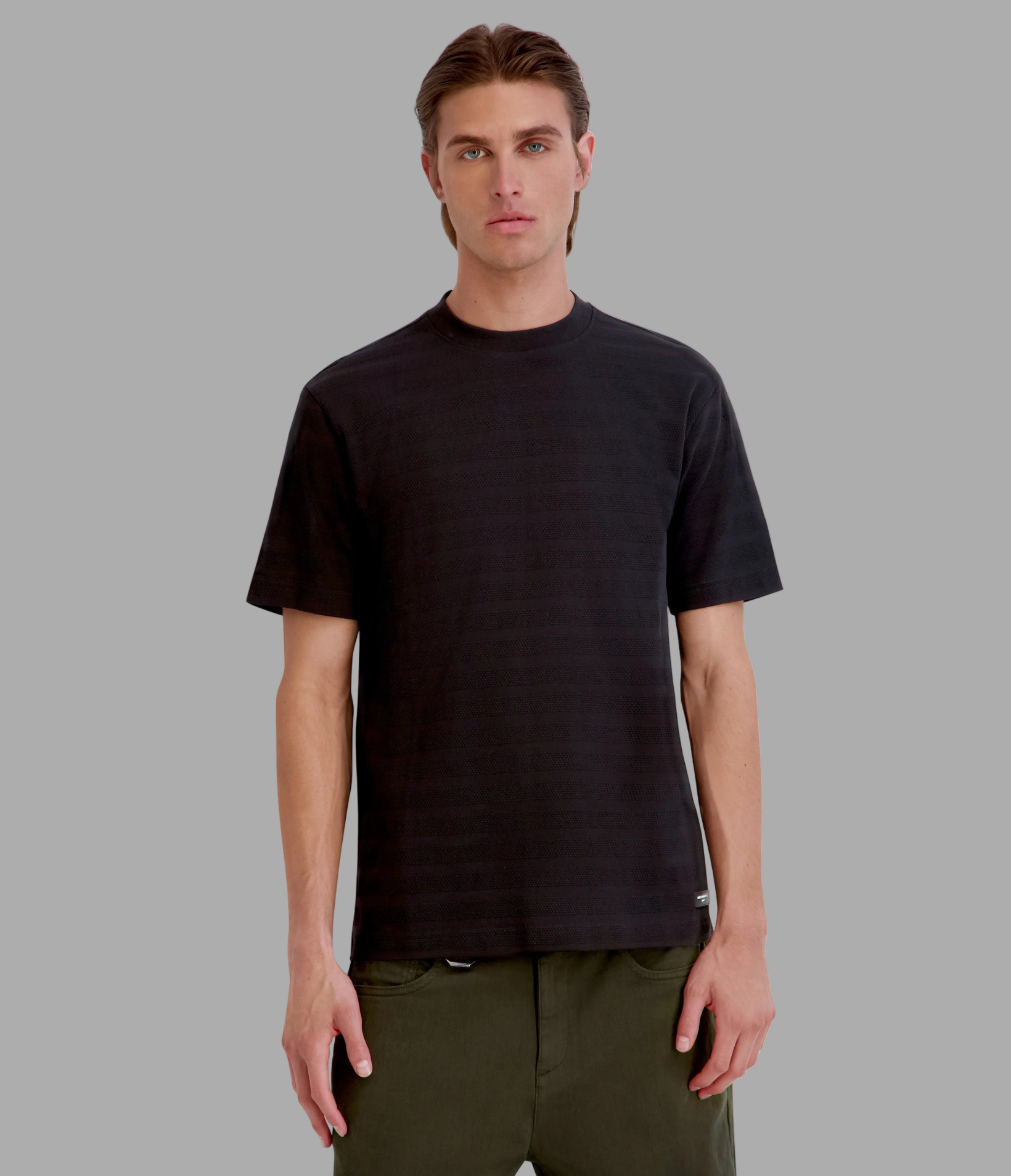 TONAL STRIPED LOGO PATCH TEE View 1 | Men's Tees & Polos TONAL STRIPED LOGO PATCH TEE View 1 | Men's Tees & Polos