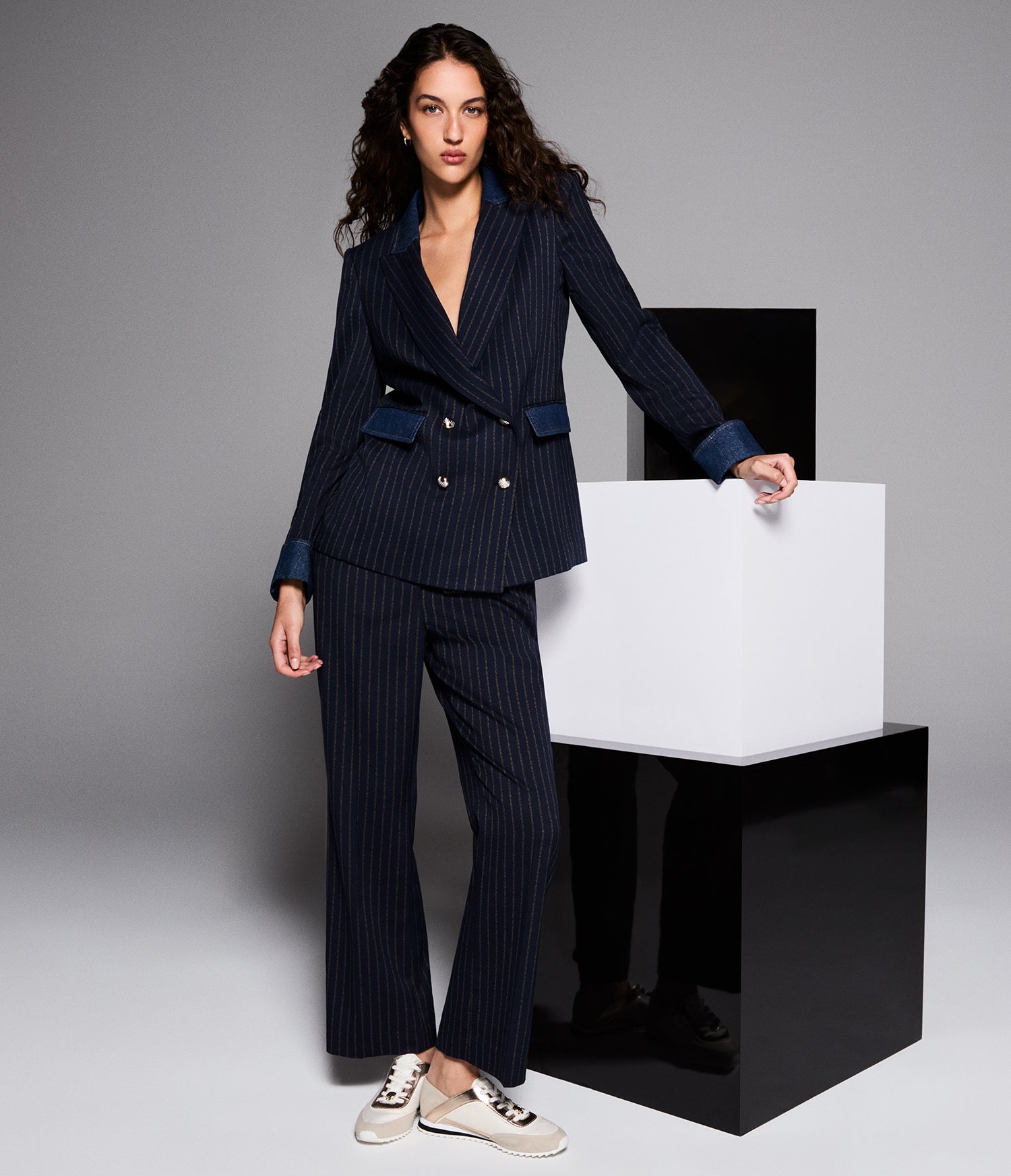 DENIM TRIM PINSTRIPE BLAZER VIEW 1