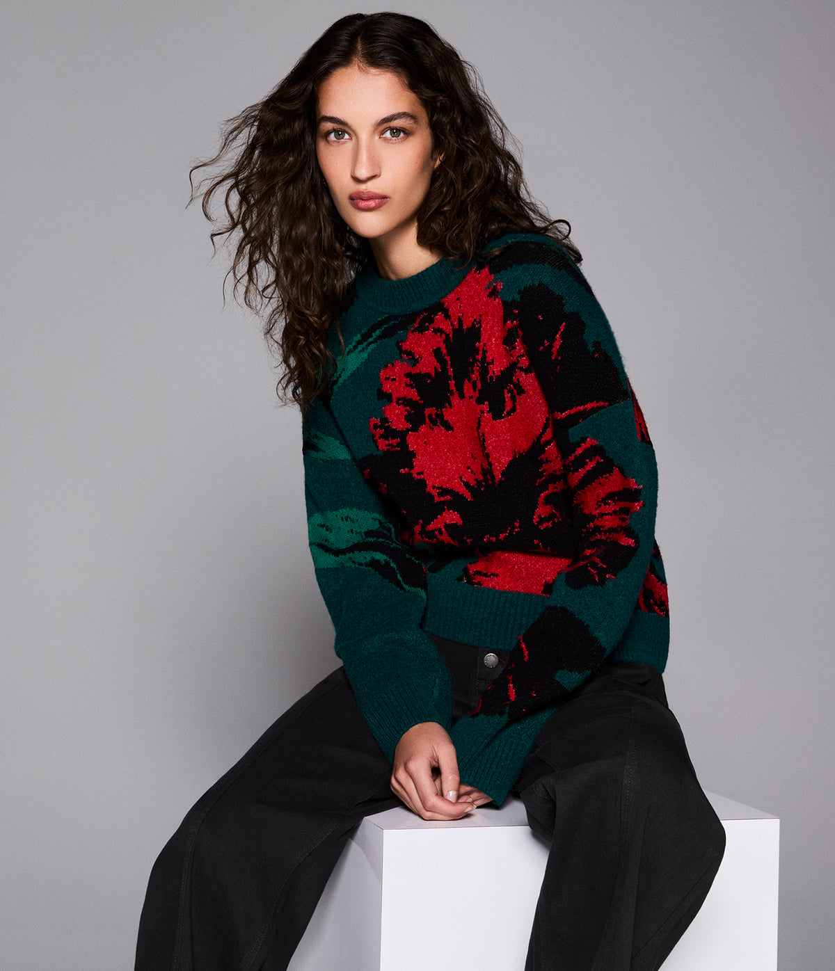 FLORAL PRINT CREW NECK SWEATER VIEW 1