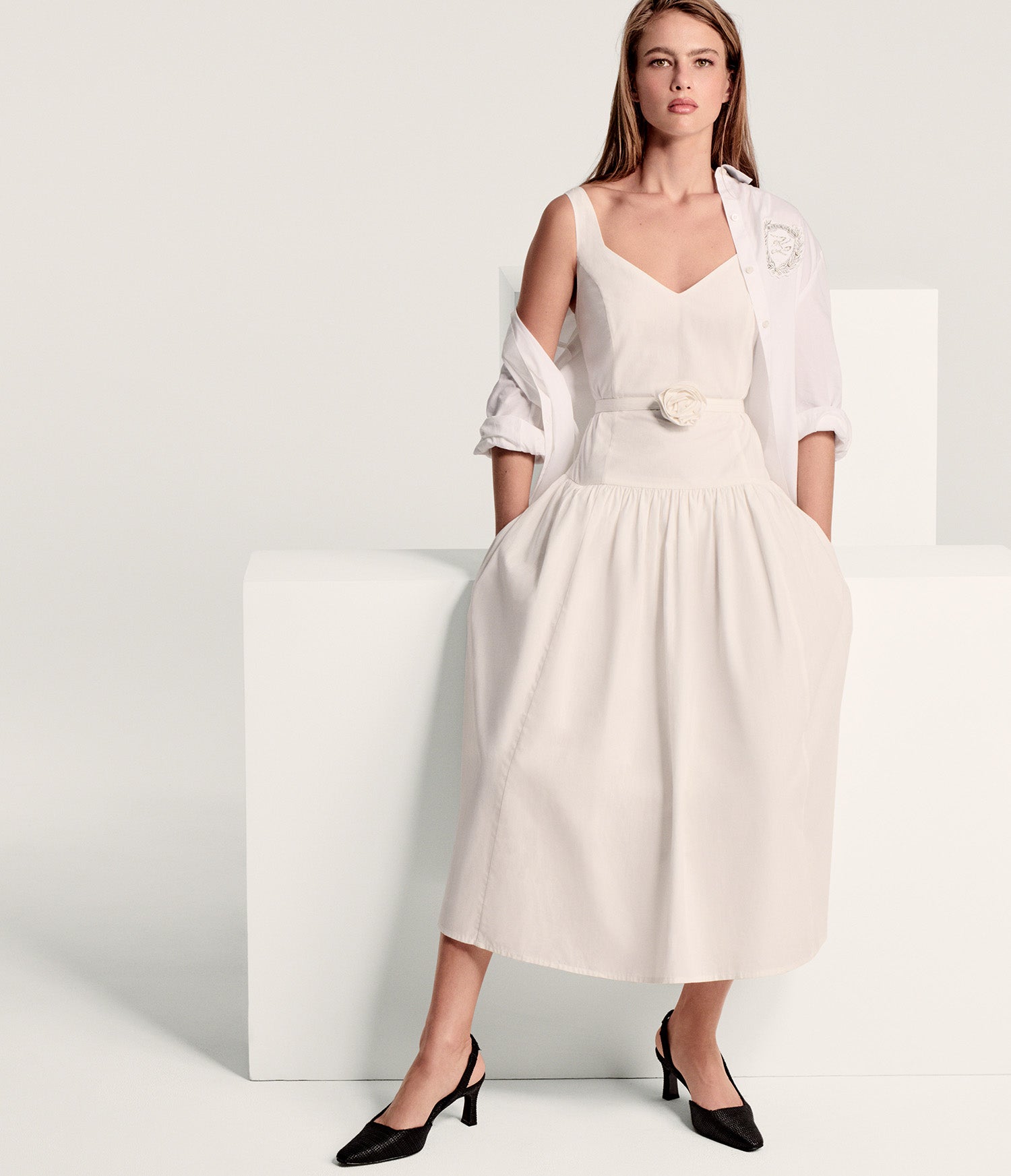 Cotton Poplin Sweetheart Drop Waist Midi Dress | Dresses
