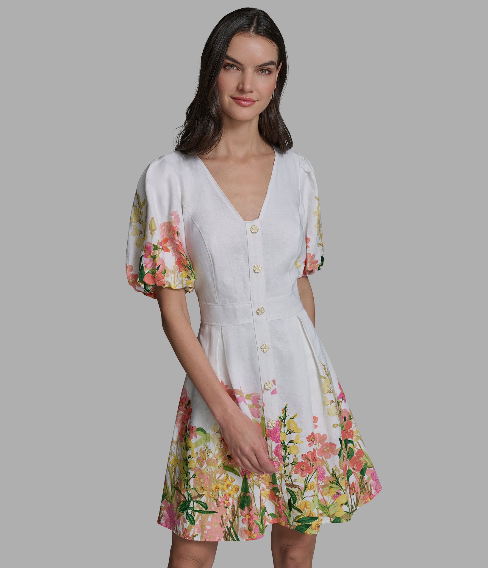 SHORT SLEEVE FLORAL FIT & FLARE DRESS View 1 | Products