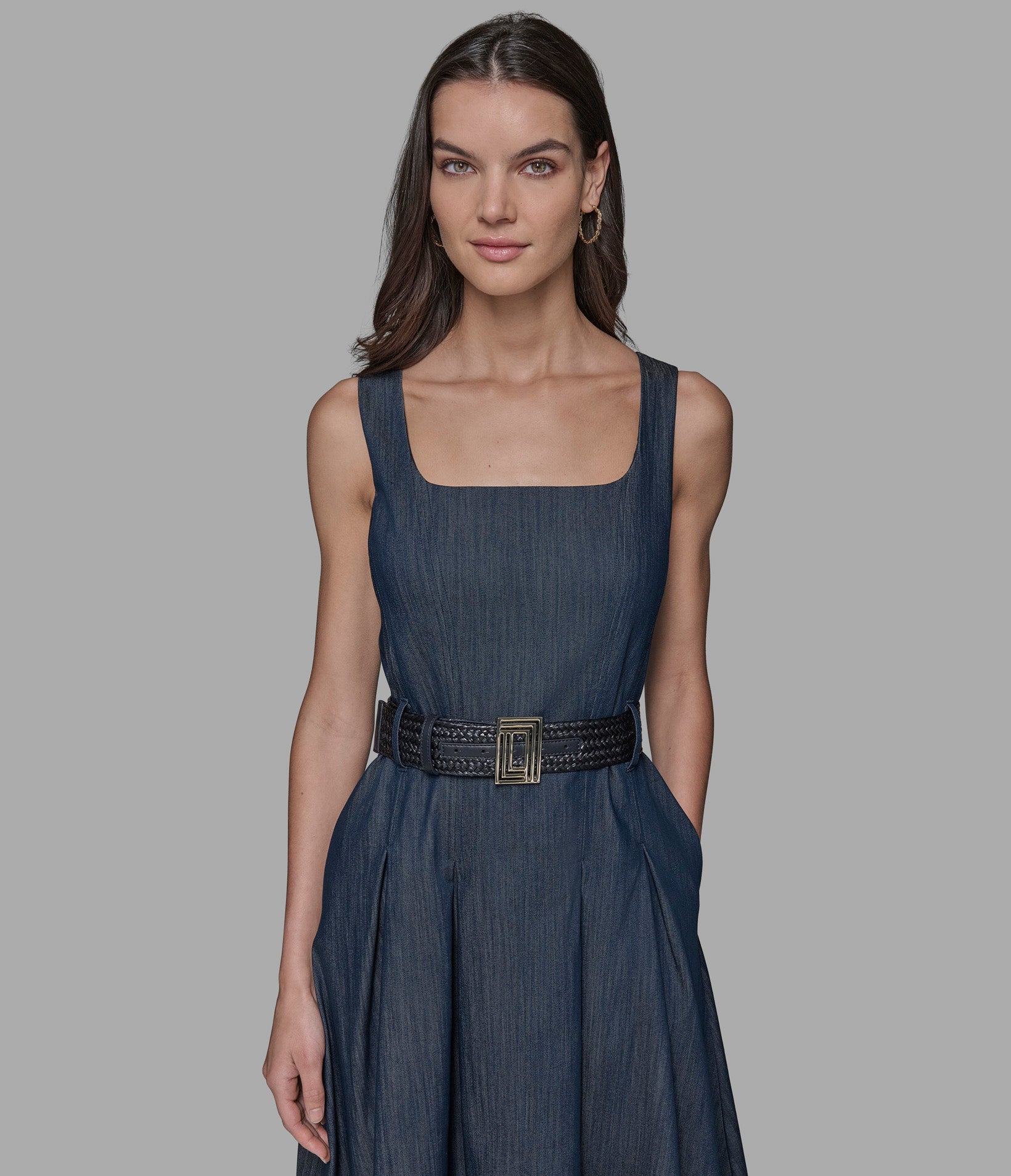 SLEEVELESS RAFFIA BELTED DENIM MIDI DRESS VIEW 5 | New Women's Clothing