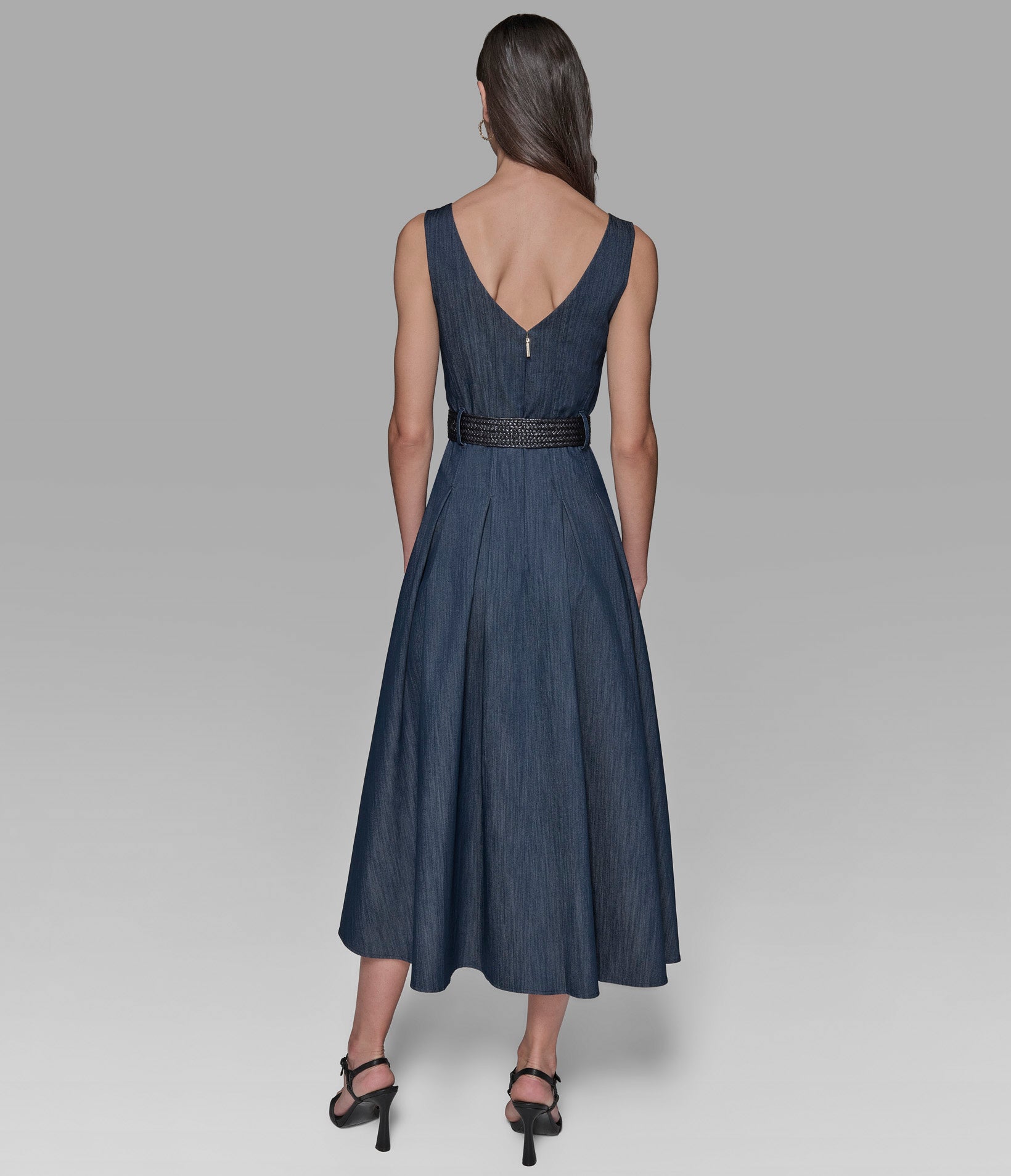 SLEEVELESS RAFFIA BELTED DENIM MIDI DRESS View 2 | New Women's Clothing