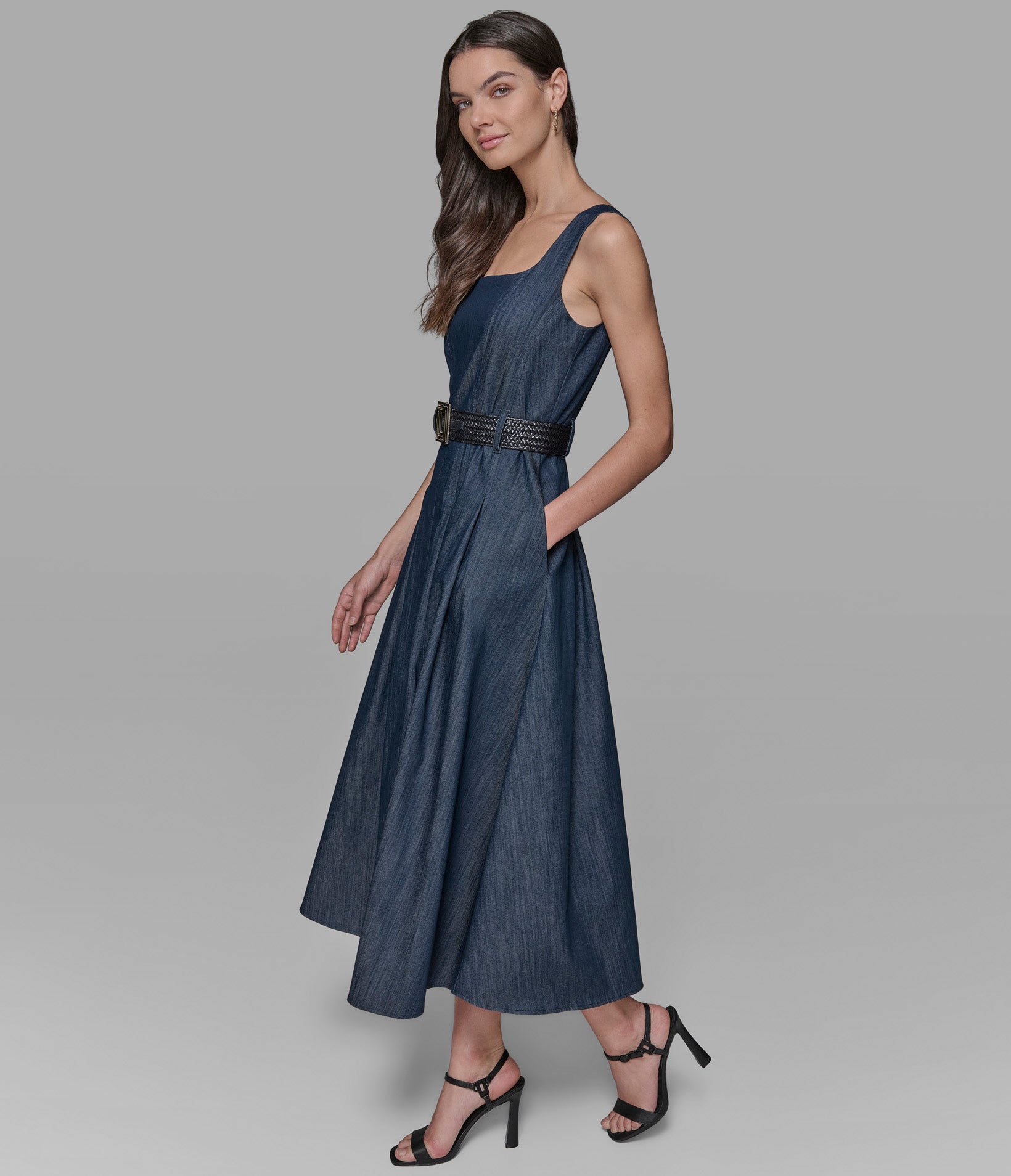 SLEEVELESS RAFFIA BELTED DENIM MIDI DRESS VIEW 3 | New Women's Clothing