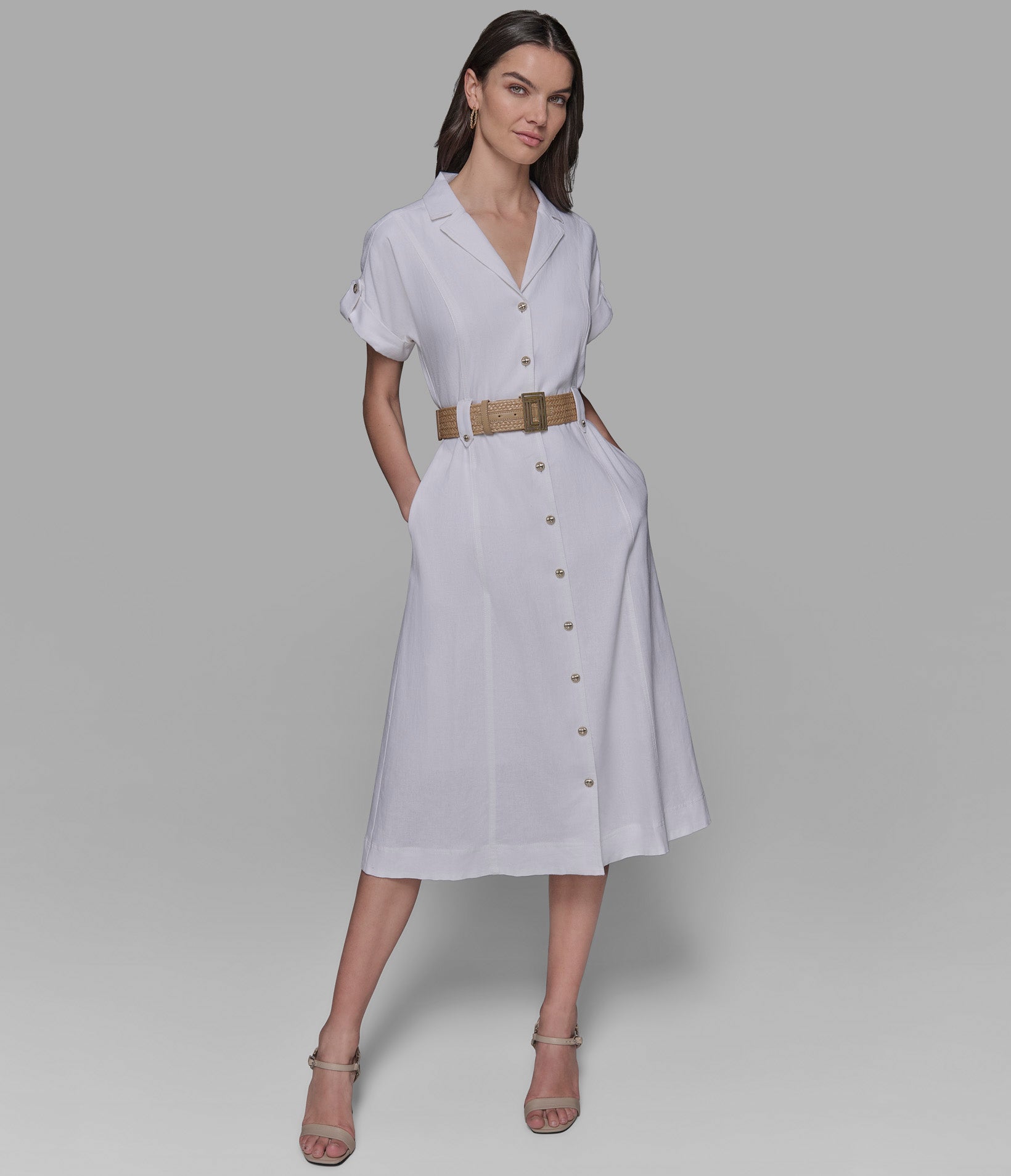 SHORT SLEEVE RAFFIA BELT LINEN SHIRT DRESS View 1 | New Arrivals