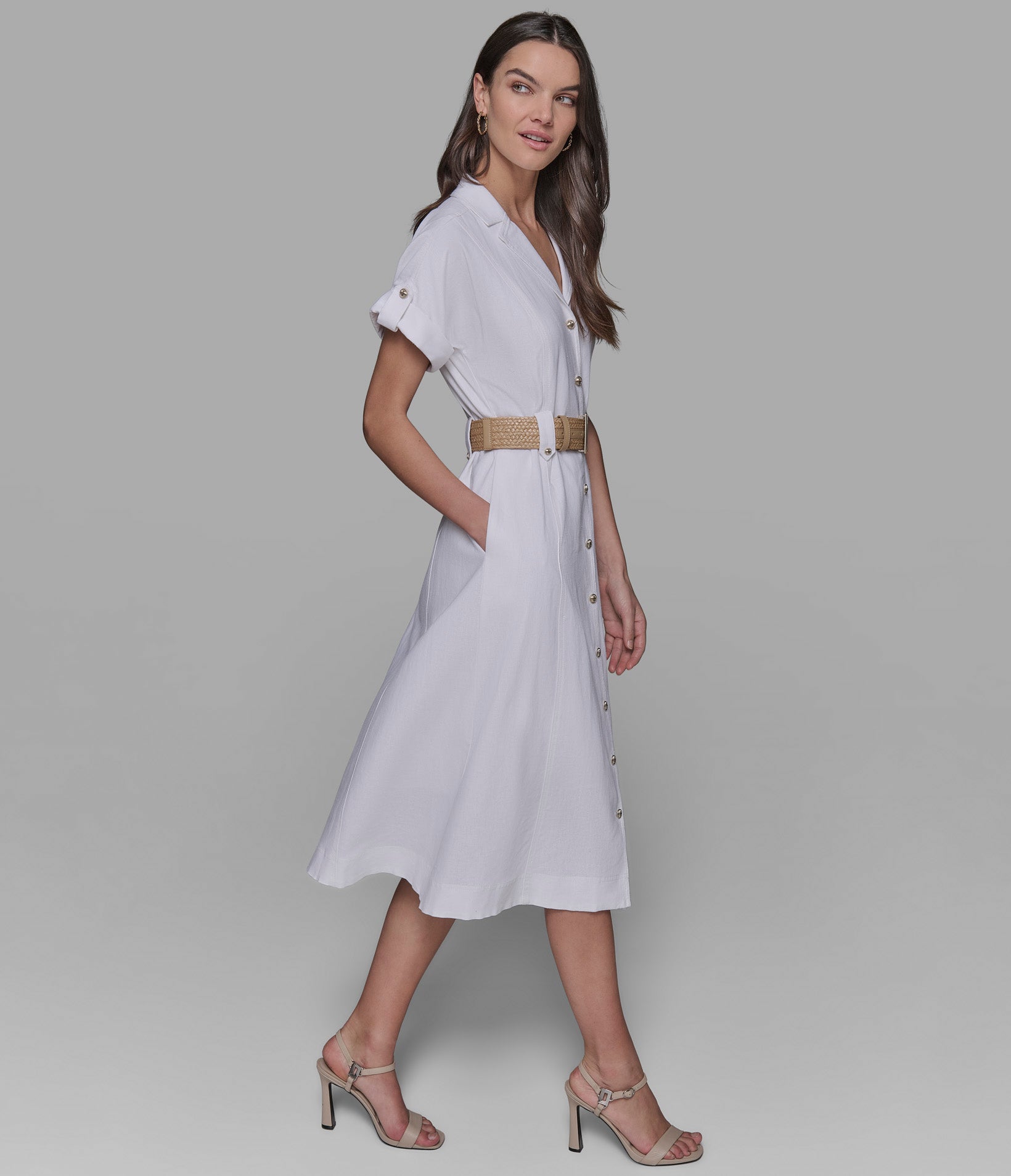 SHORT SLEEVE RAFFIA BELT LINEN SHIRT DRESS VIEW 3 | New Arrivals
