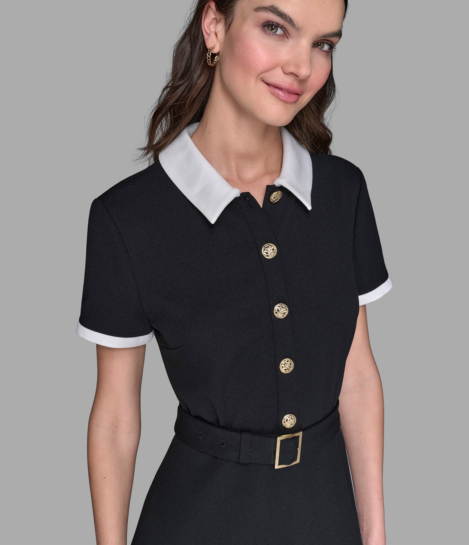 SHORT SLEEVE CONTRAST COLLAR BELTED DRESS VIEW 5 | Women's Dresses & Jumpsuits