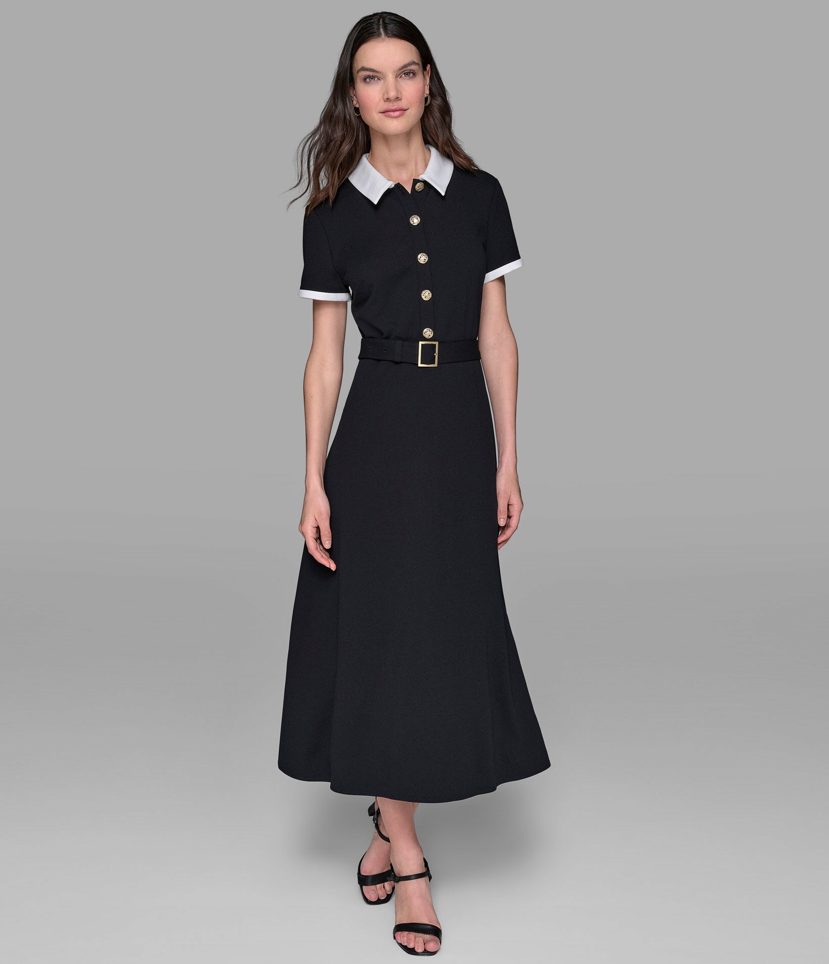 SHORT SLEEVE CONTRAST COLLAR BELTED DRESS View 1 | Women's Dresses & Jumpsuits