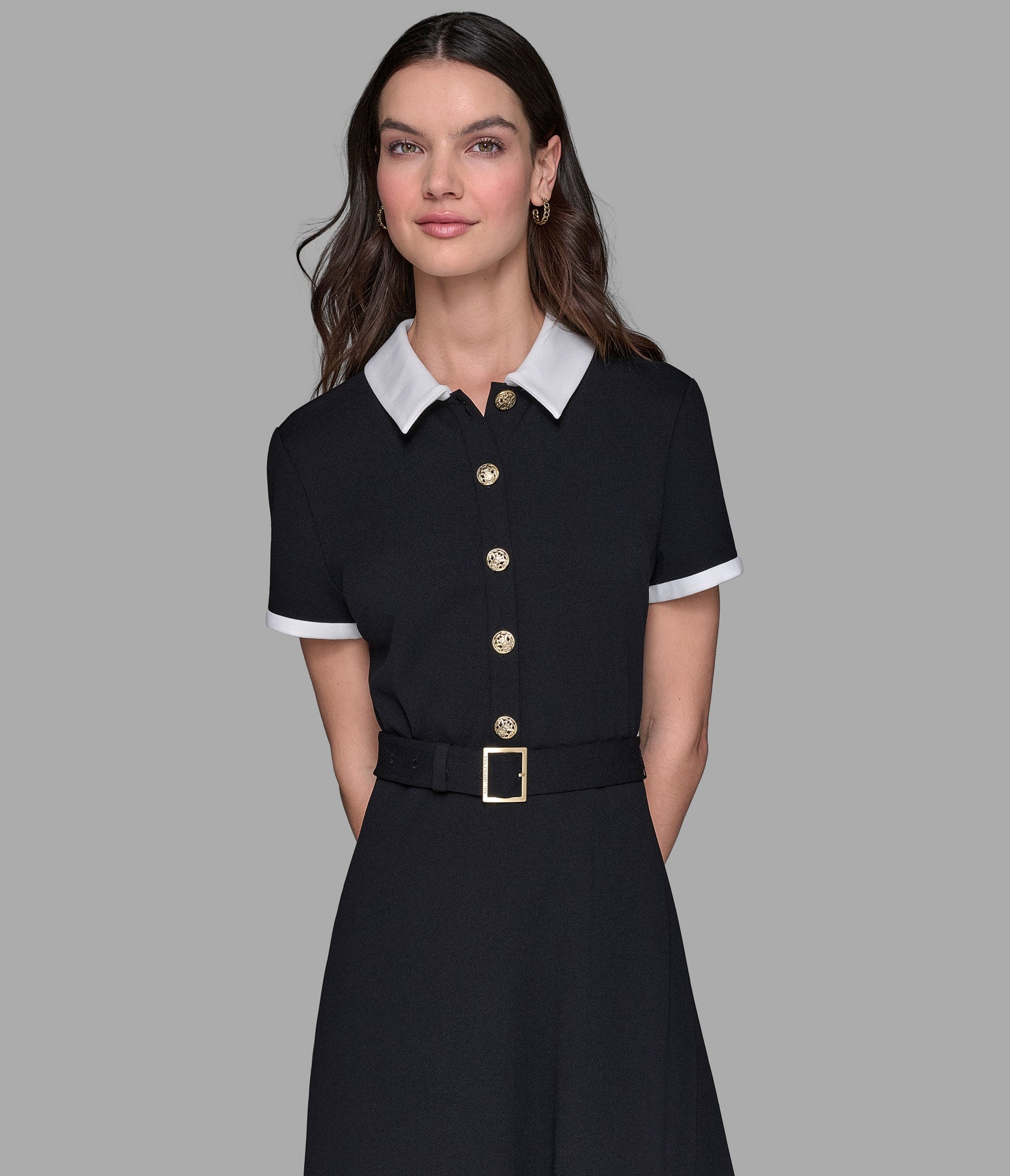 SHORT SLEEVE CONTRAST COLLAR BELTED DRESS VIEW 4 | Women's Dresses & Jumpsuits