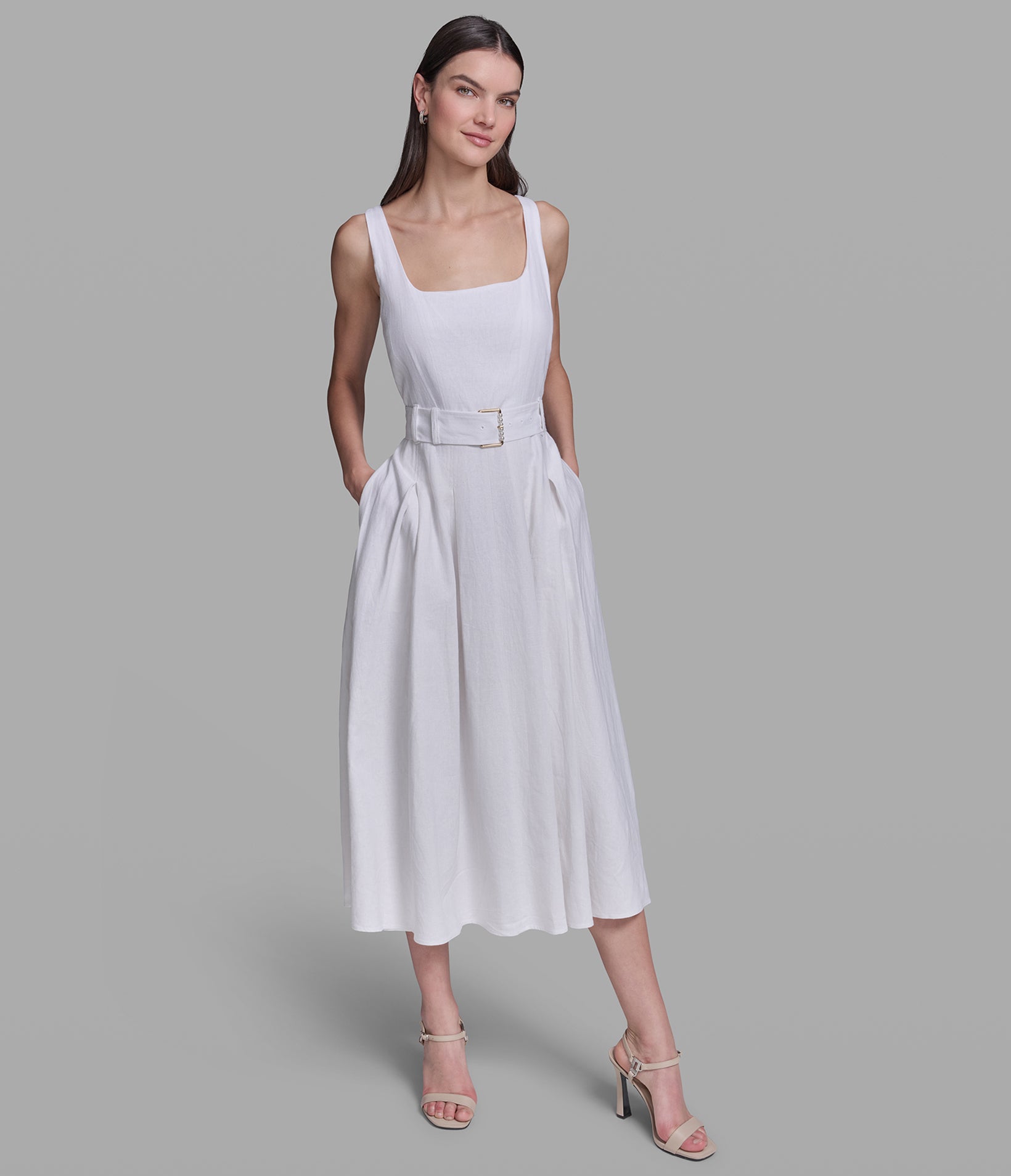 SLEEVELESS LINEN BLEND MIDI DRESS