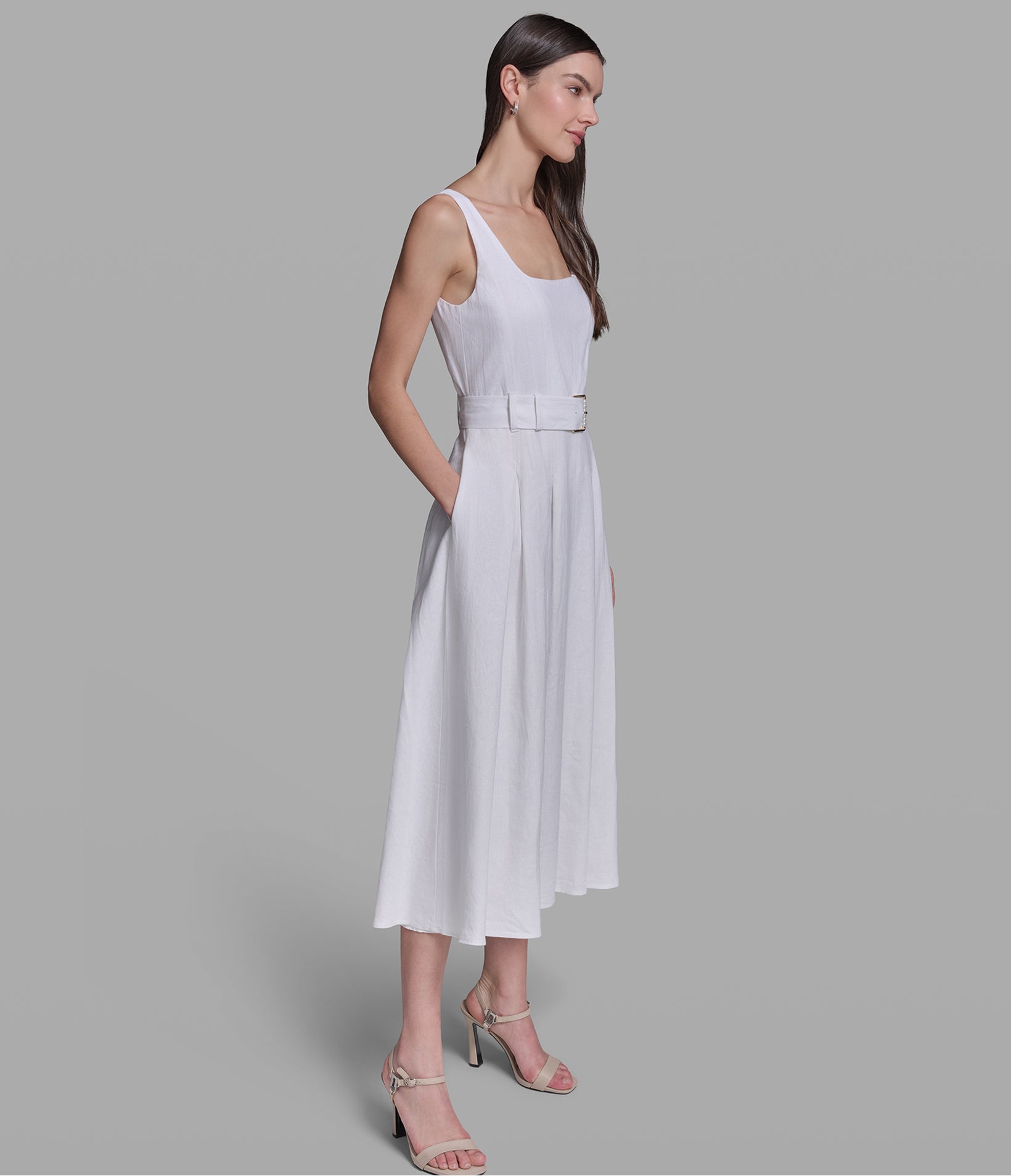 LINEN BELTED MIDI DRESS VIEW 3