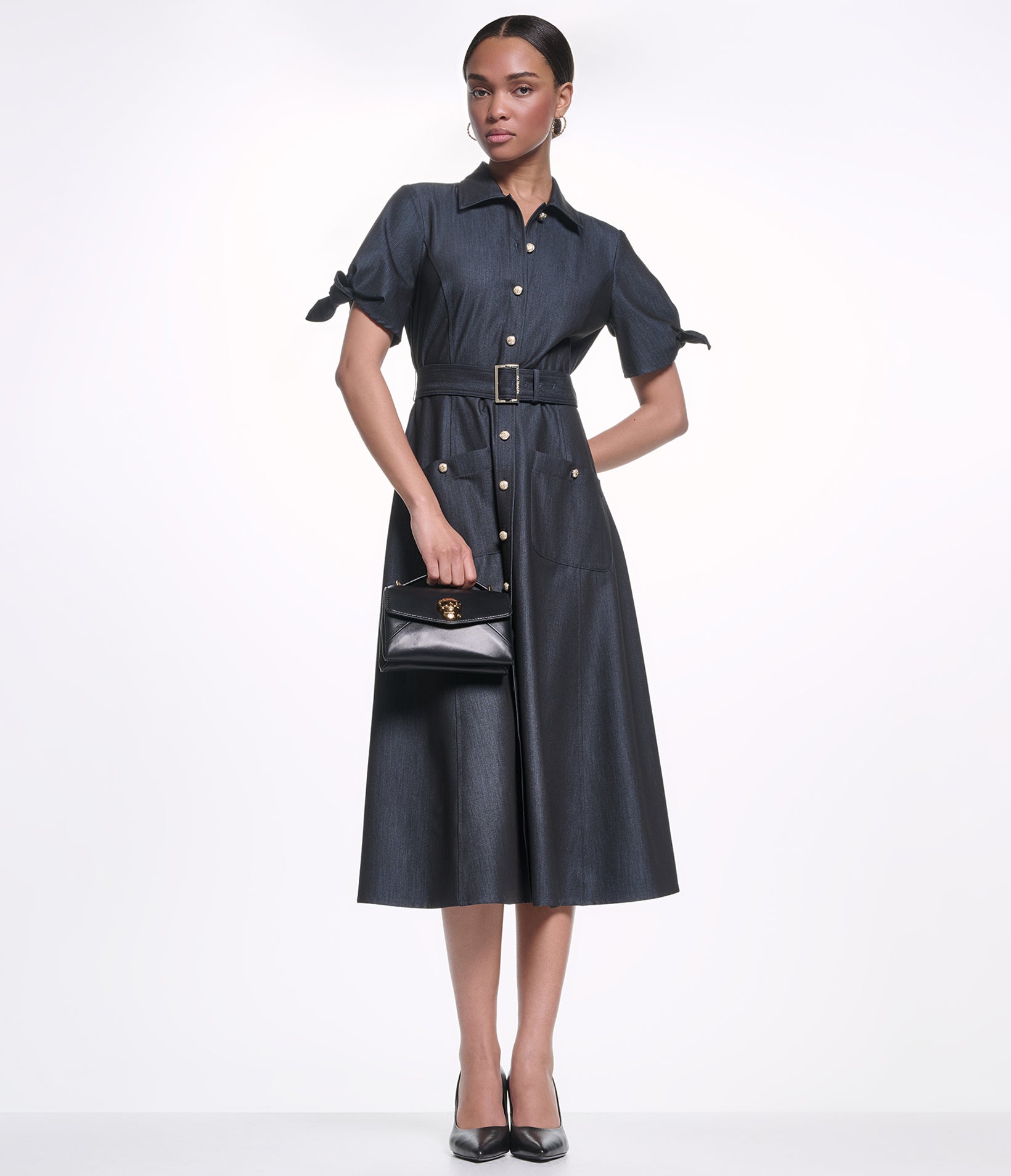 SHORT SLEEVE BELTED A-LINE MIDI DRESS VIEW 1