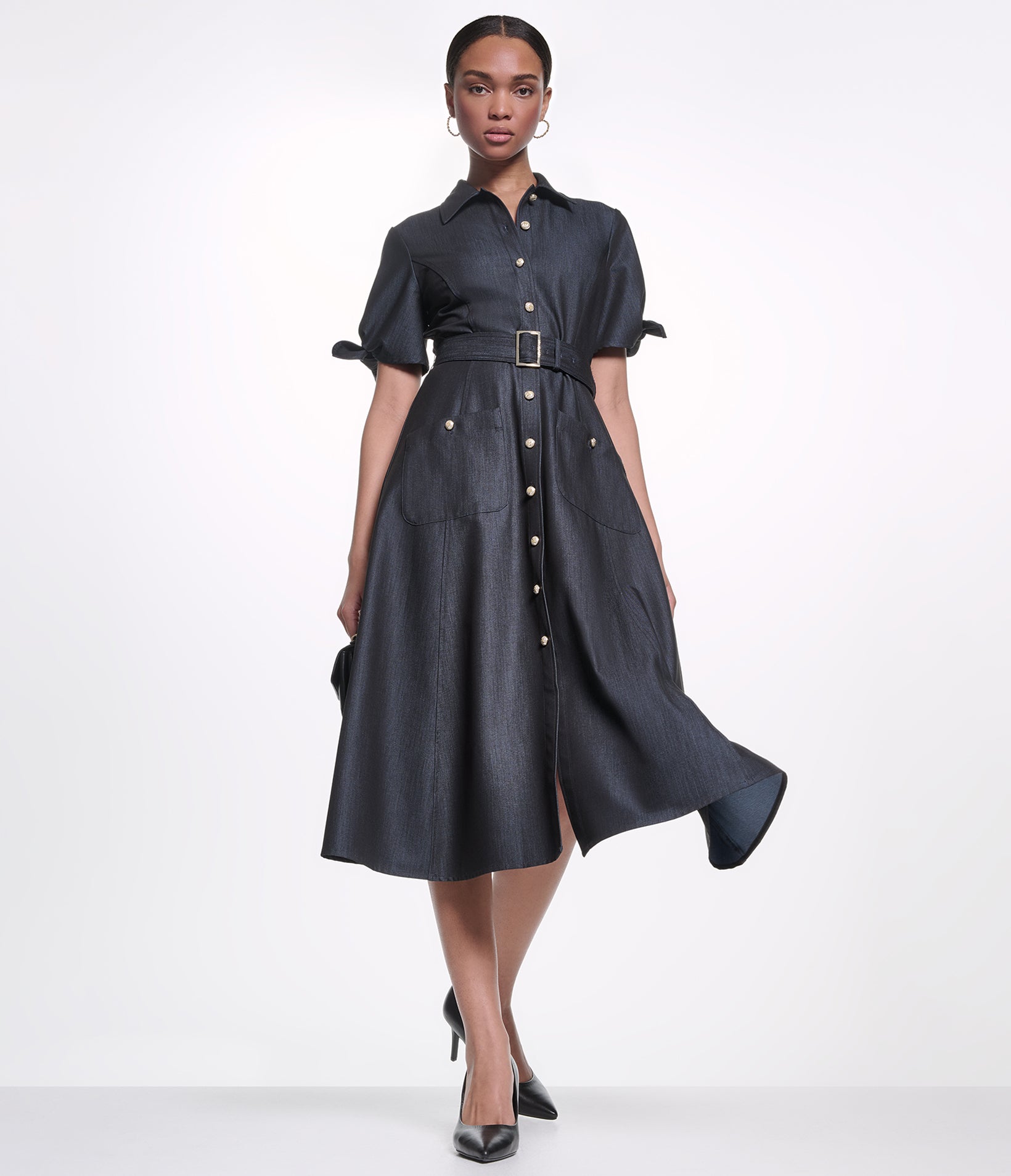 SHORT SLEEVE BELTED A-LINE MIDI DRESS VIEW 3