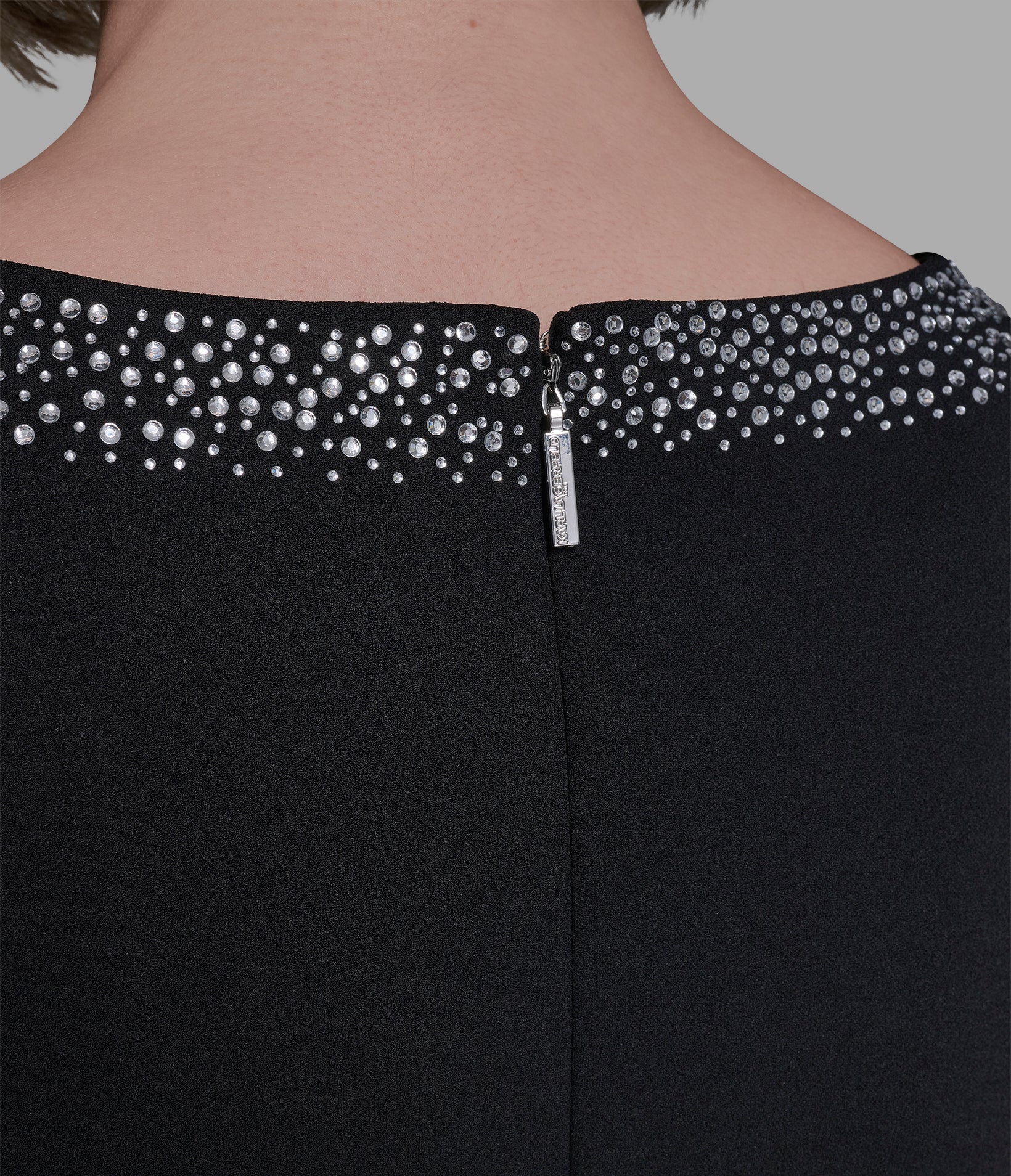 SCUBA CREPE SHEATH DRESS WITH EMBELLISHED NECKLINE VIEW 5 | Women's Sale