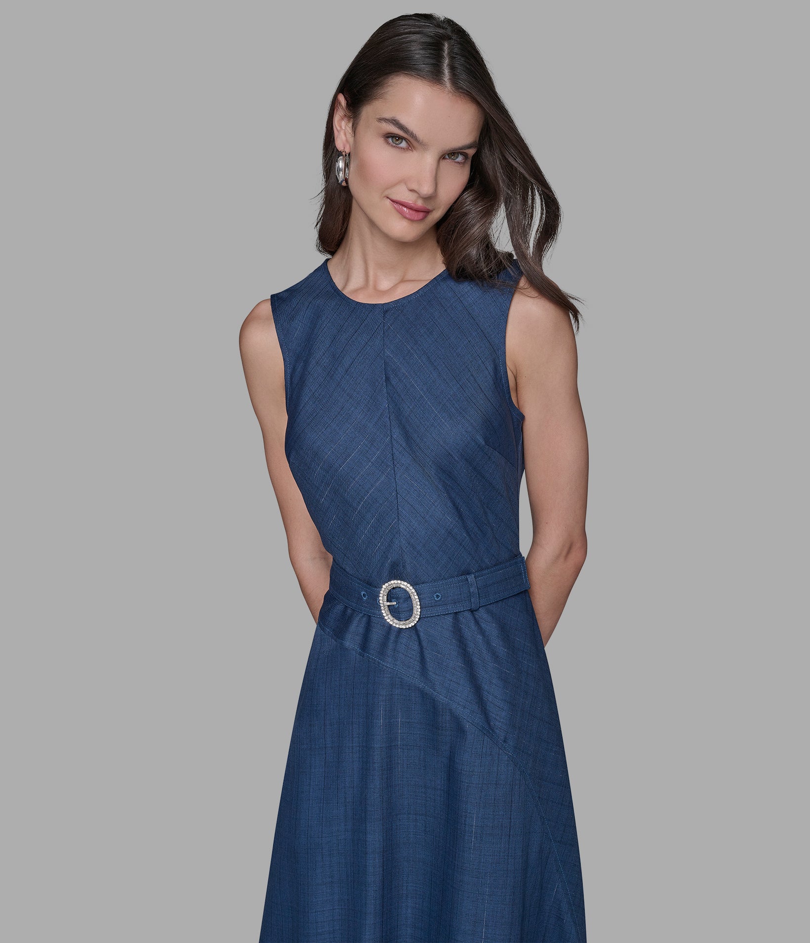 BELTED PINSTRIPE DENIM MIDI DRESS VIEW 4 | Women's Clothing Sale